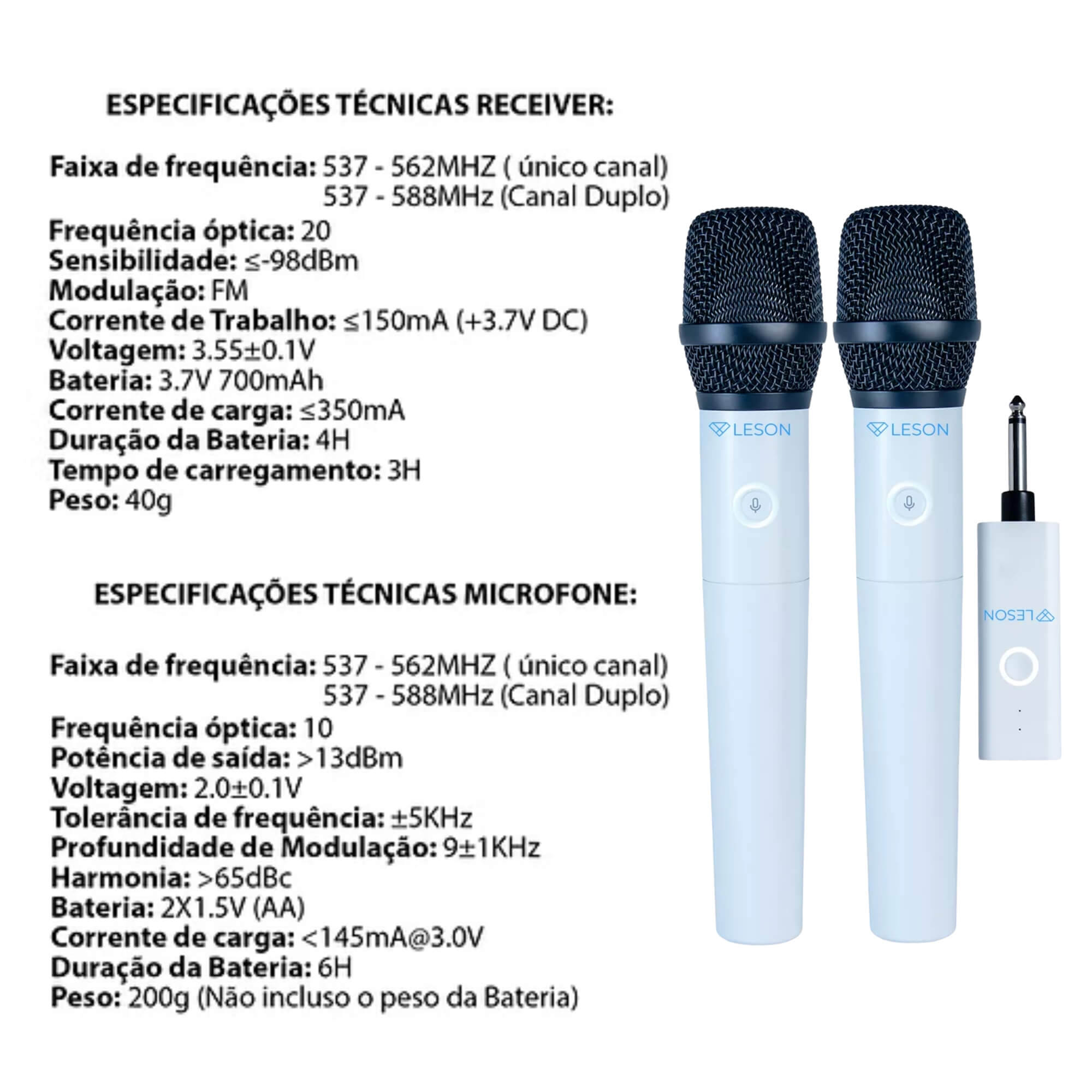 Microfone Duplo sem Fio Dinâmico AR200 HT na cor Branca Leson - 2AMAR200B