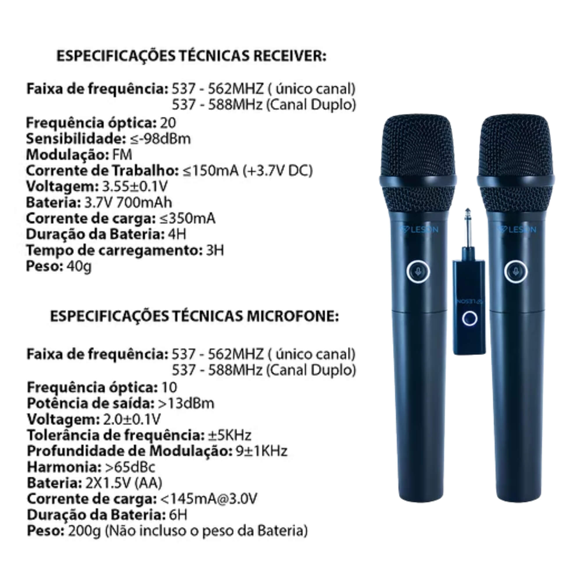 Microfone Duplo sem Fio Dinâmico AR200 HT na cor Preta Leson - 2AMAR200P