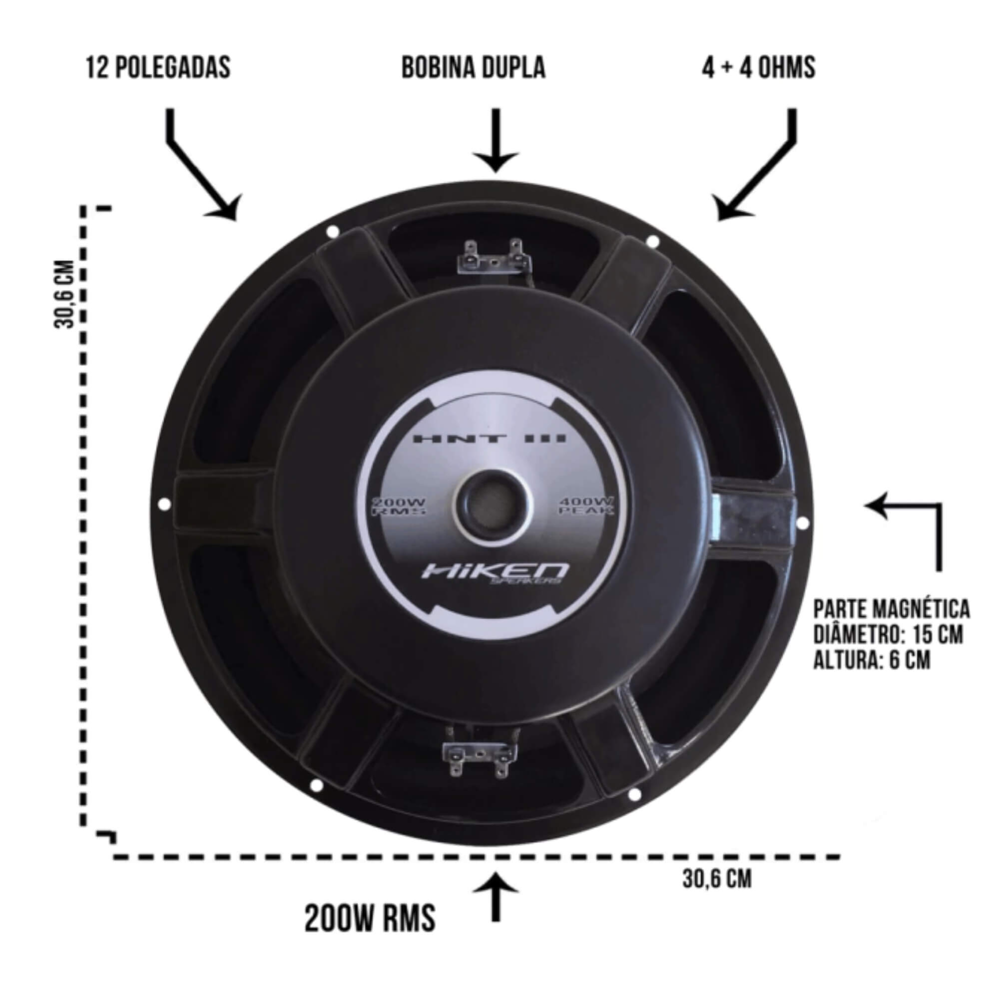 Subwoofer Hunter lll 12" Polegadas 4+4 Ohms 200W Grafite Bobina Dupla Hiken - 2HK001964