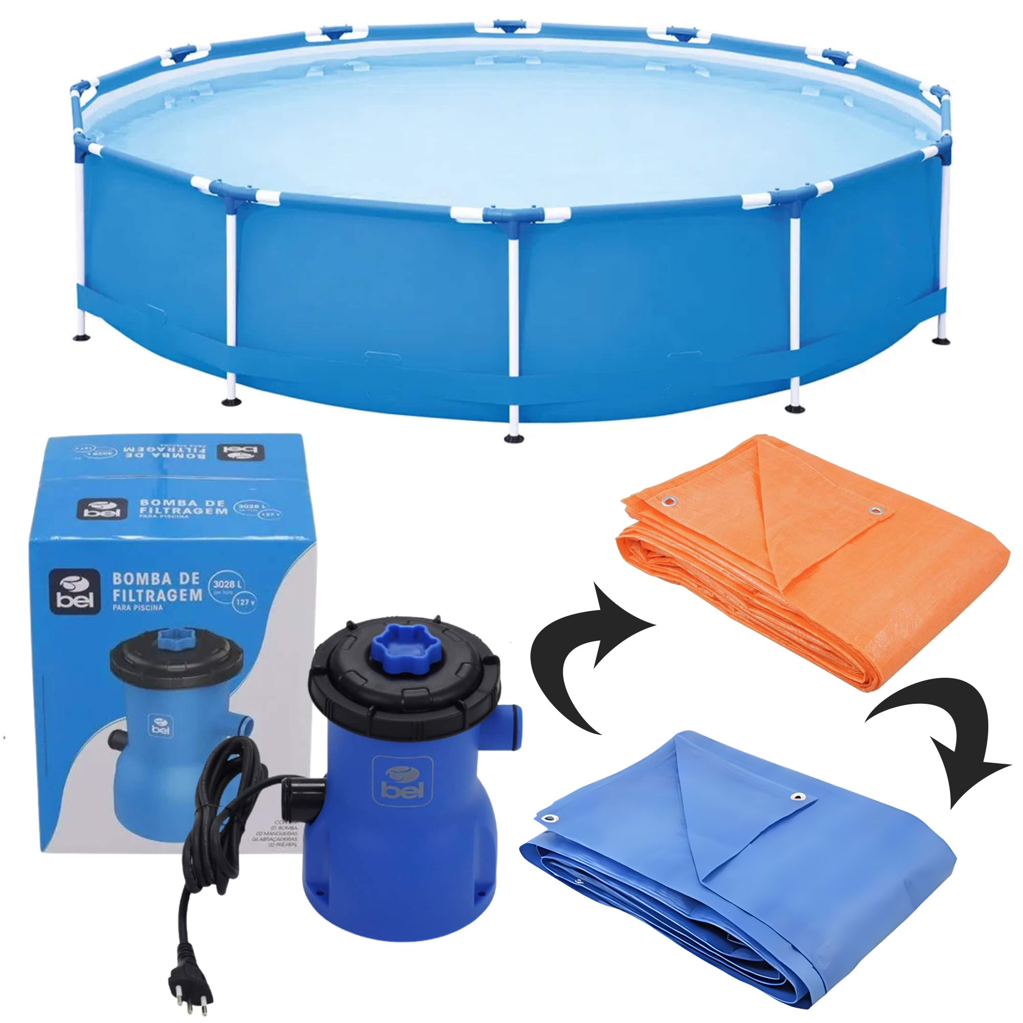 COMP Kit Piscina 7000 Litros MOR Kit Reparo + Lona + Bomba Filtragem - Escolha Voltagem