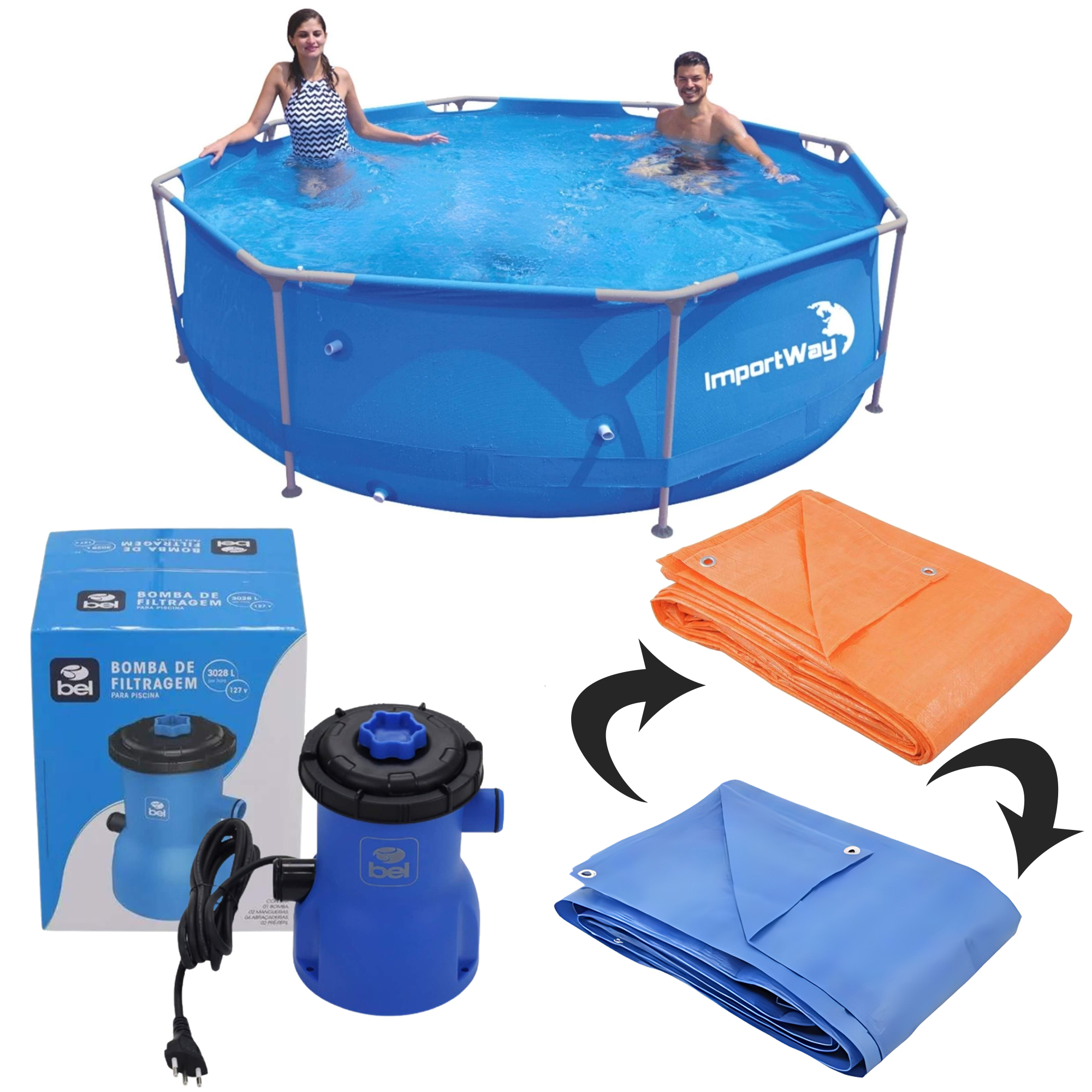 COMP Kit Piscina Estruturada Importway 5200 Litros com Kit Reparo + Lona + Bomba Filtragem - Voltagem Voltagem.:110/127