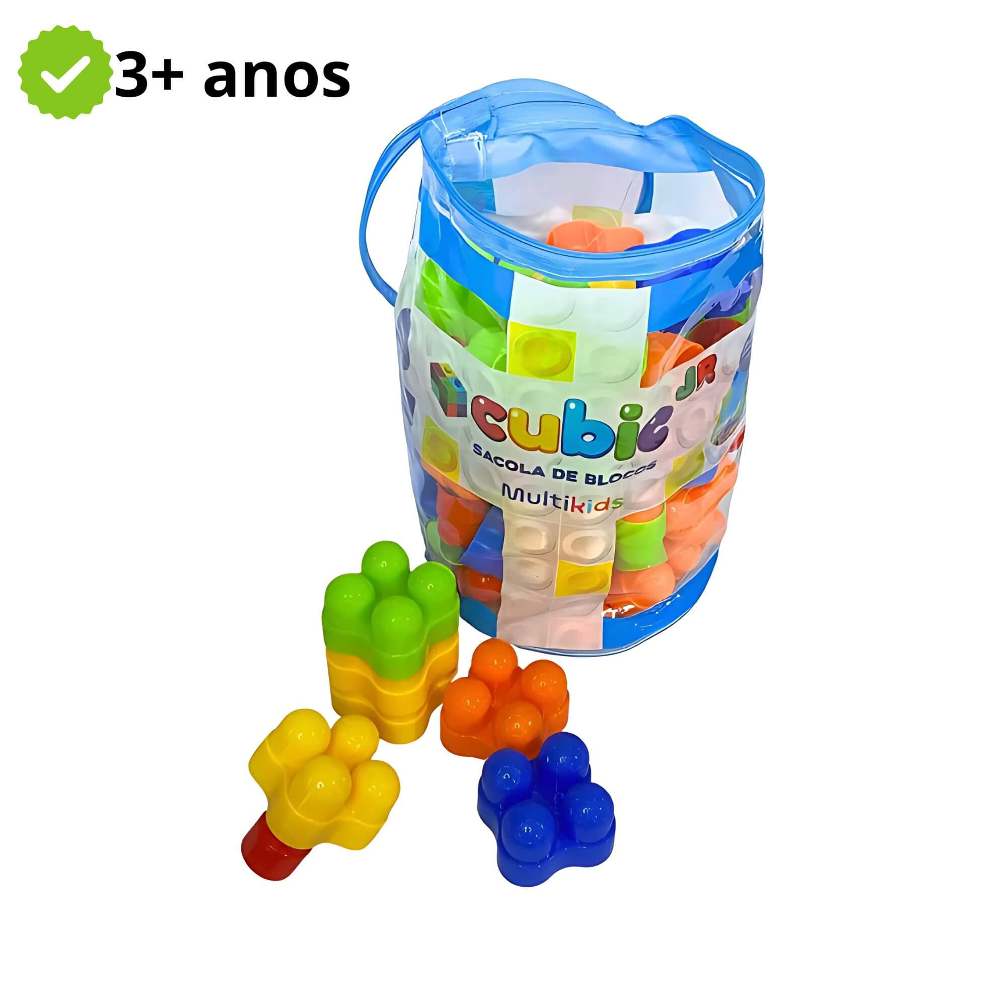 Sacola de Blocos de Montar Cubic Jr 80 Peças Tamanho Grande 3+ Anos Multikids - BR2276