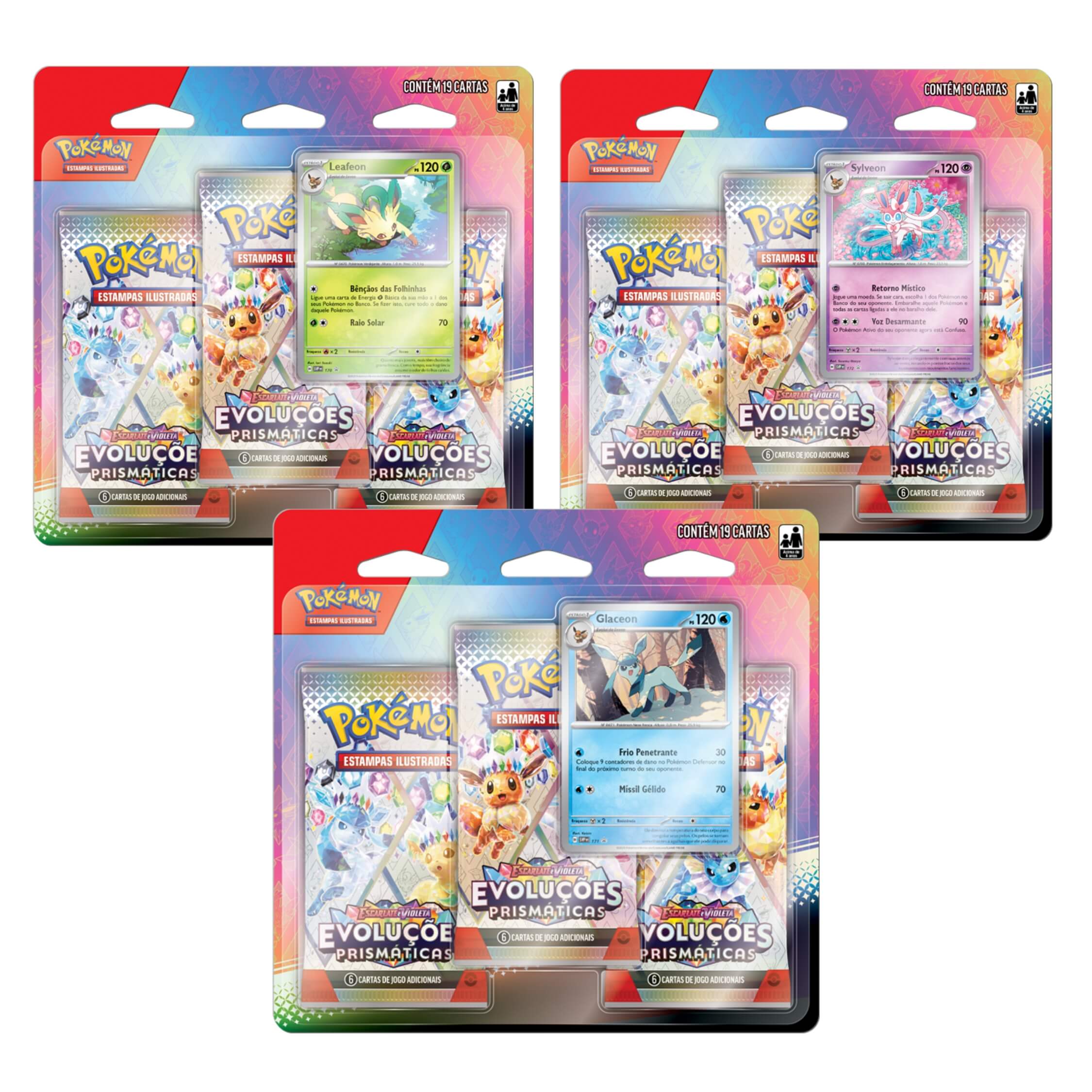 Pokemon 3x Blisters Triplos Evoluções Prismáticas EV8.5 Sylveon, Leafeon e Glaceon Copag - 35272