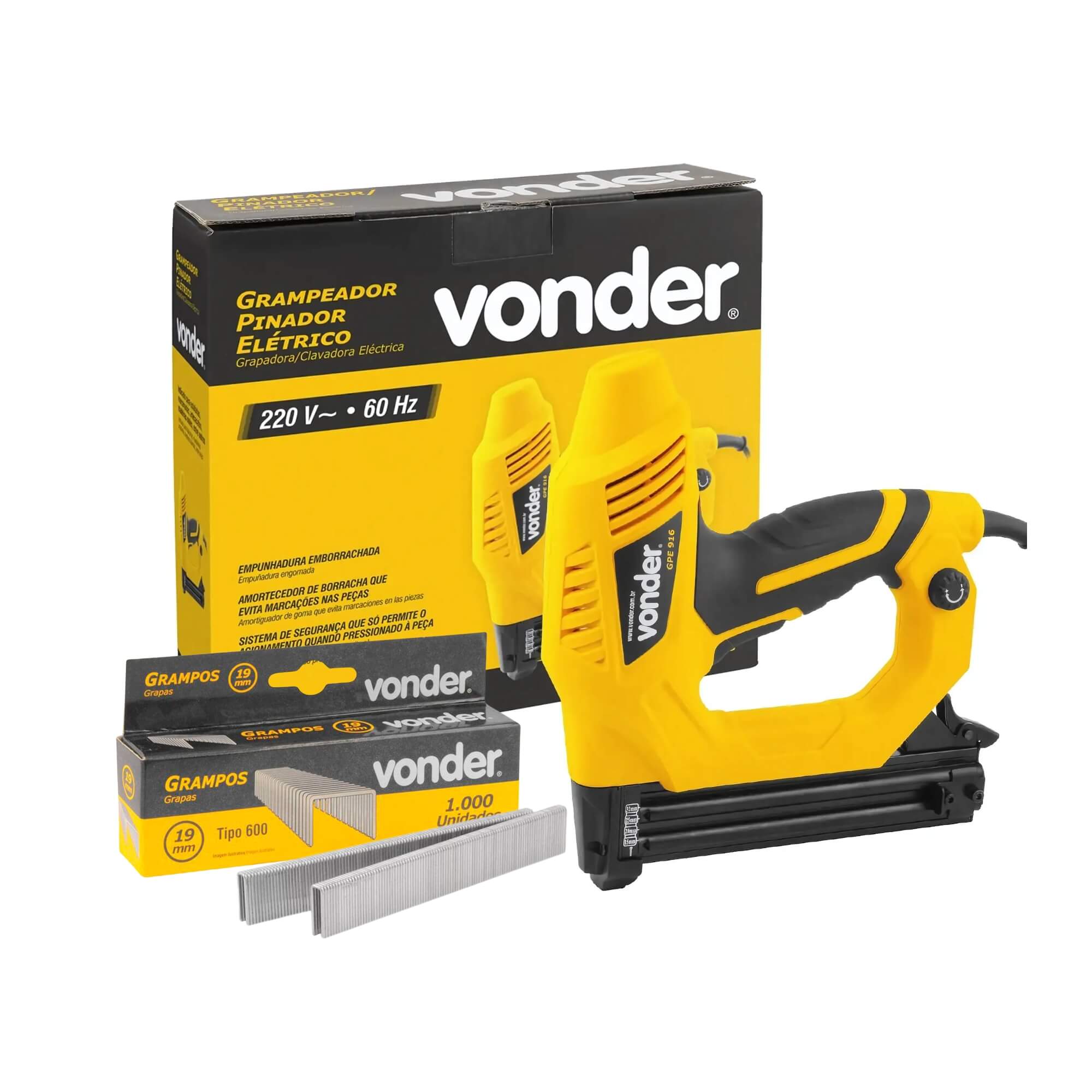 COMP Kit Grampeador Elétrico GPE916 220v + Caixa c/ 1000 Grampo Para Grampeador 19mm Vonder