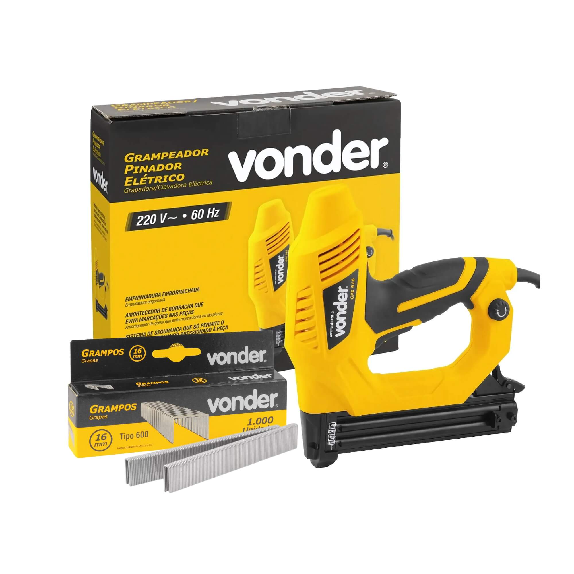 COMP Kit Grampeador Elétrico GPE916 220v + Caixa c/ 1000 Grampo Para Grampeador 16mm Vonder