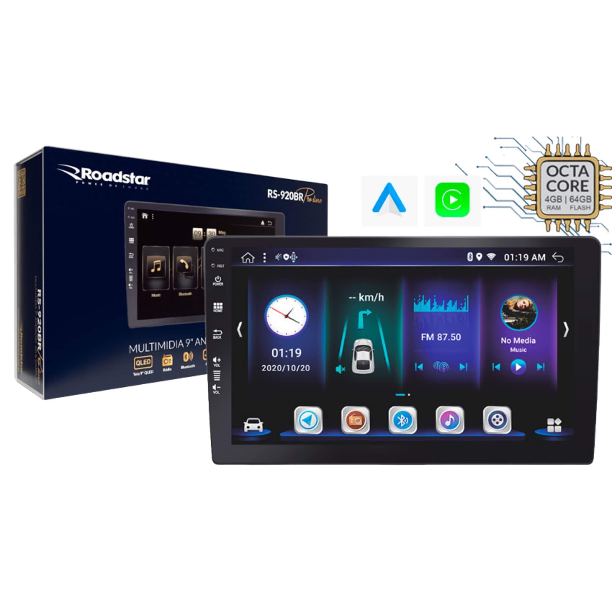 Multimídia Android 10" Carplay Octa Core 2.5 Ghz Memória RAM 4 Gb Roadstar - RS1020BR MI PRO