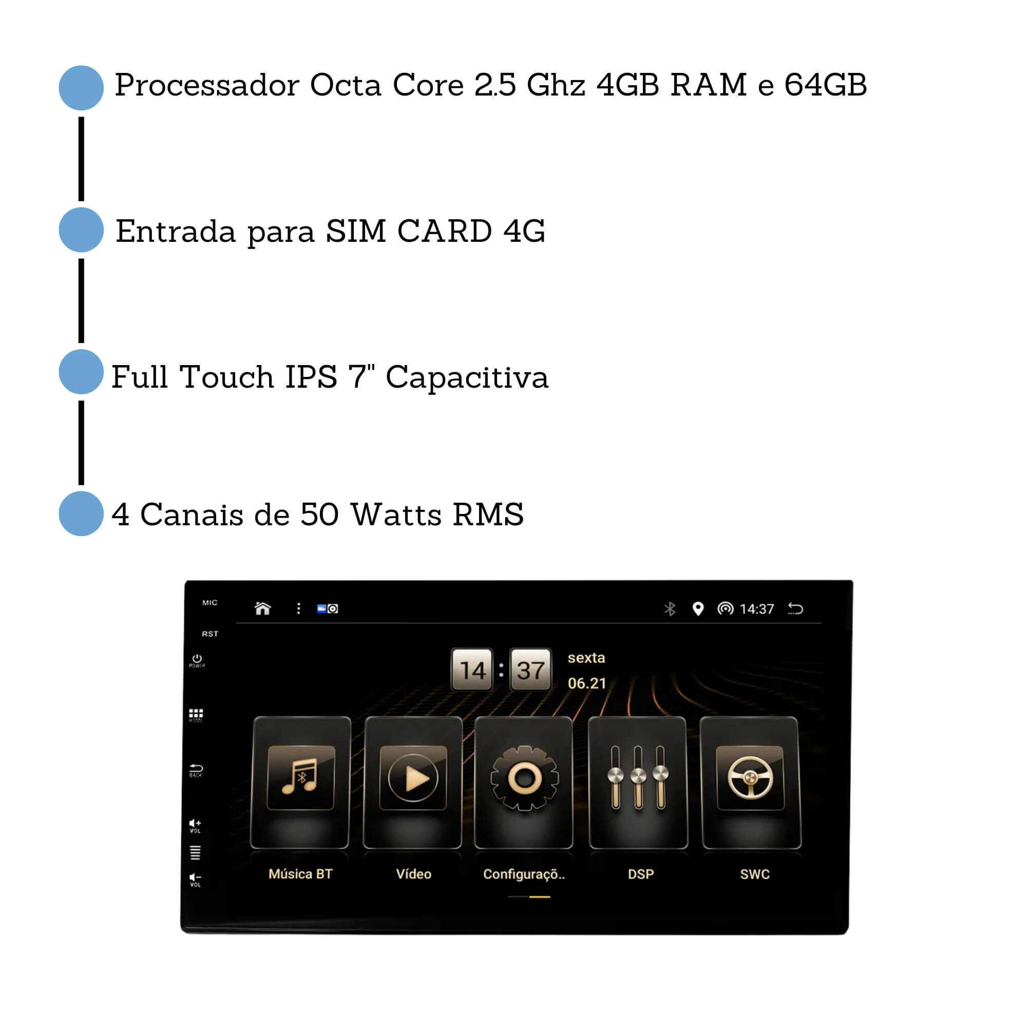 Central Multimídia 7" Automotivo Carplay Andoid MI Pro Line Roadstar - RS720BR MI