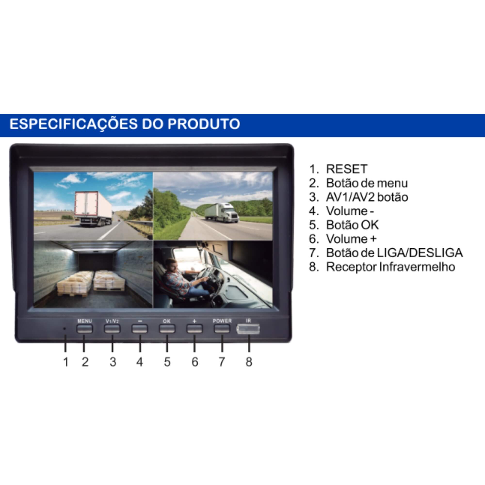 Monitor DVR Pro Line 7" com 4 Câmeras I.R. Roadstar - RS899BR MI