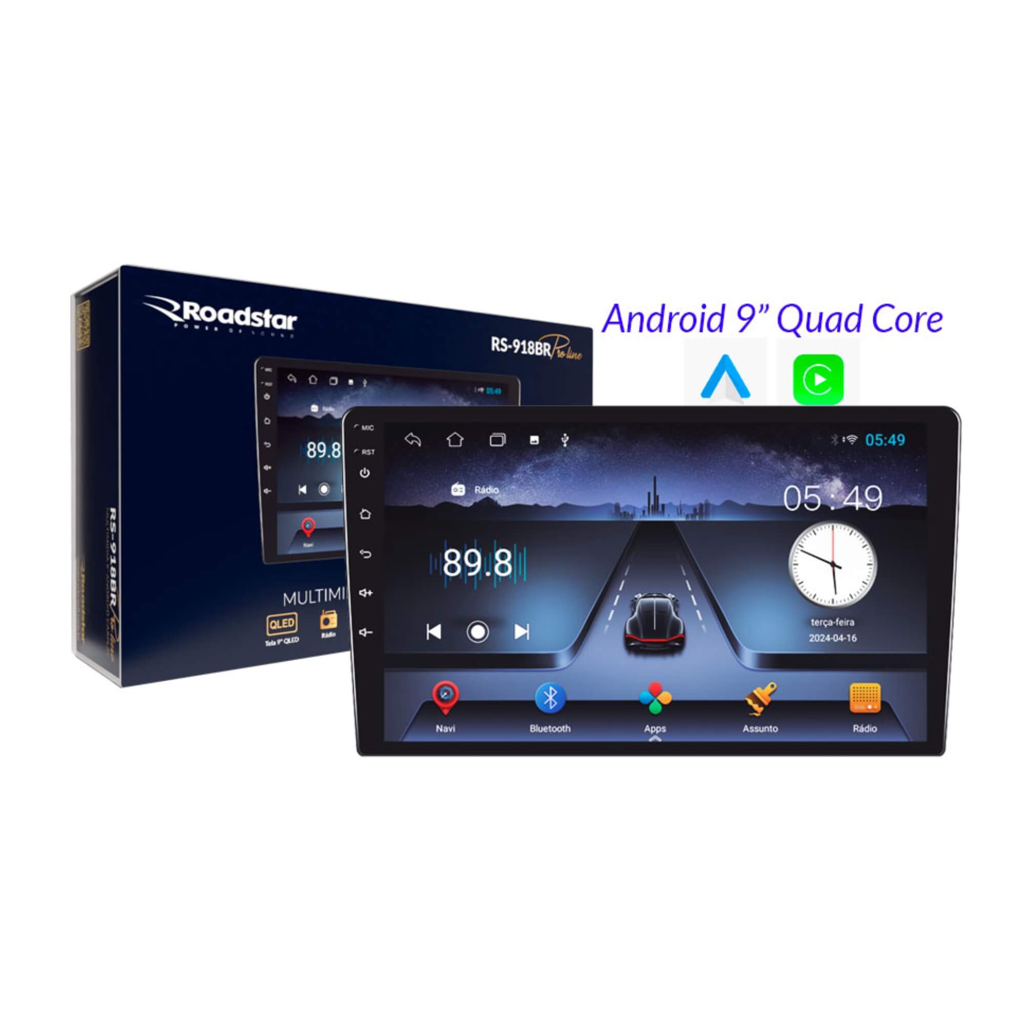 Multimídia Android Carplay Vidro Full Touch 9" Memória RAM 2Gb Roadstar - RS918BR MI