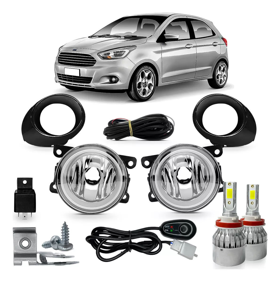 COMP Kit Farol de Milha KA 2015 a 2018 Moldura Preta Botão Alternativo + Kit LED H11 6000k SUITS