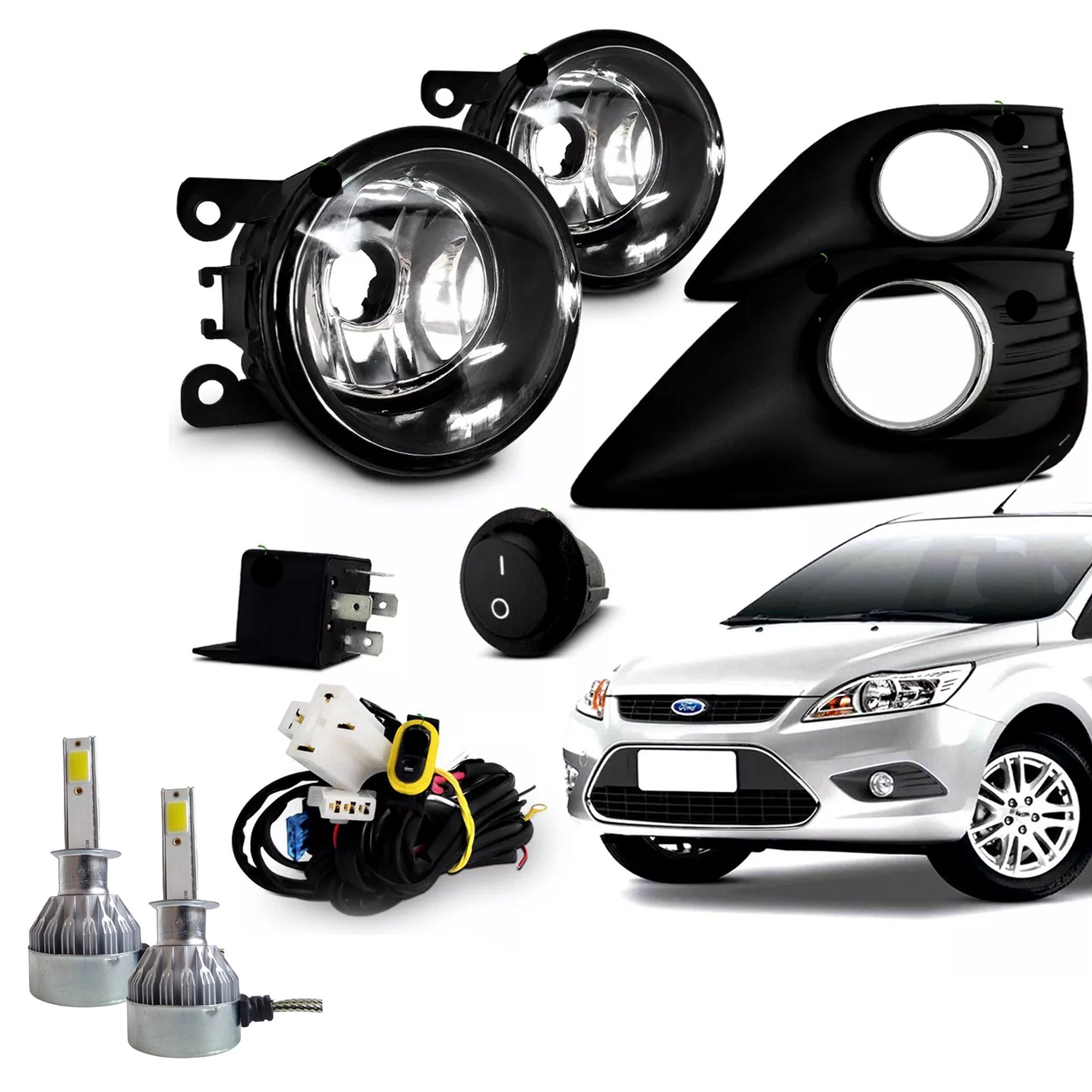 COMP Kit Farol de Milha Focus 2009/2012 com Moldura Botão Alternativo TicTac + Kit LED 6000 Nano SUITS