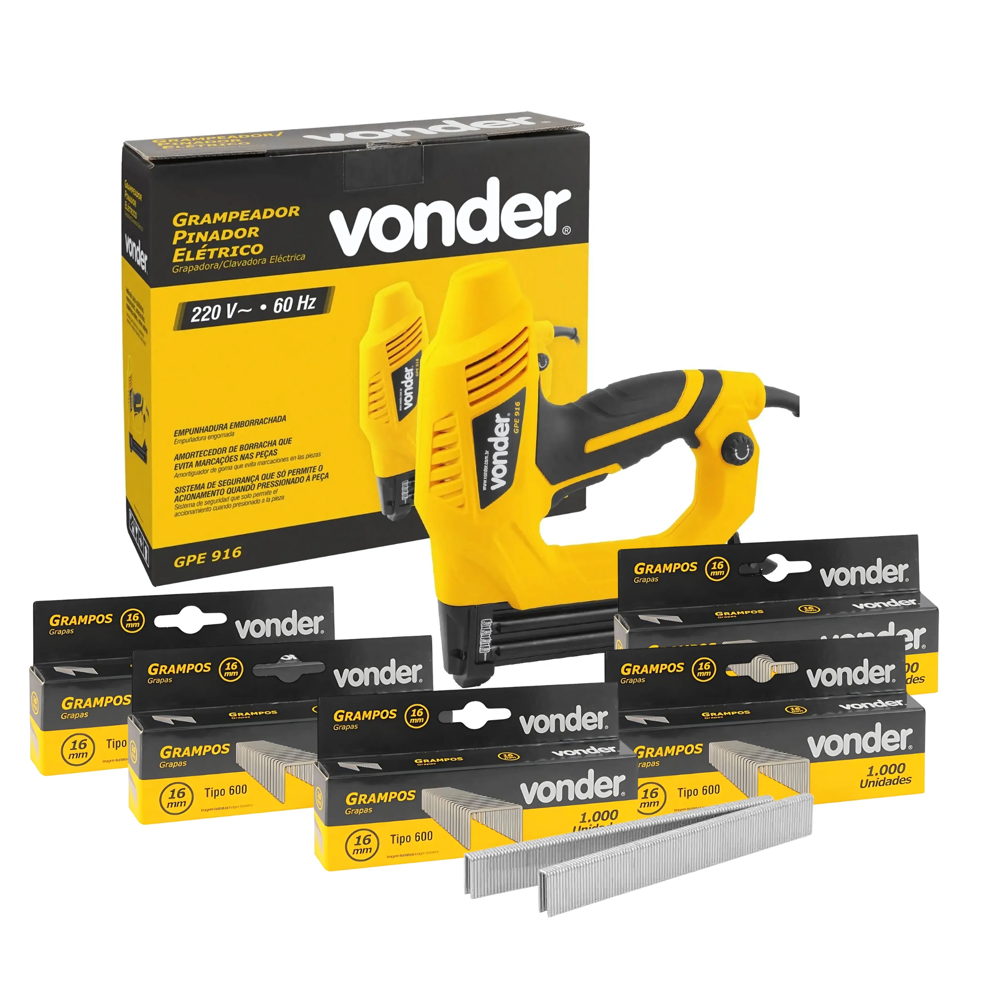 COMP Kit Grampeador / Pinador Elétrico GPE916 220v + 5 Caixas c/ 1000 Grampos 16mm Vonder