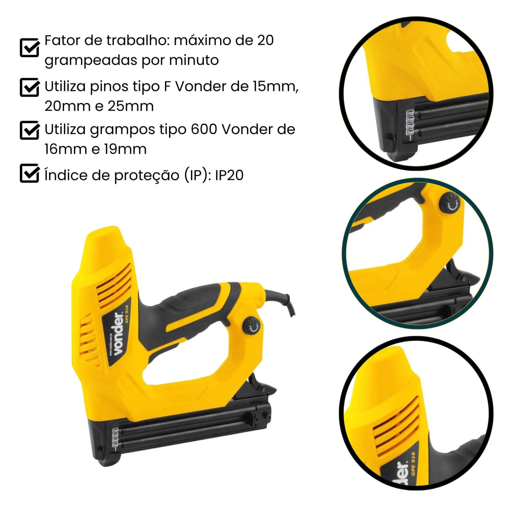 COMP Kit Grampeador / Pinador Elétrico GPE916 220v + 5 Caixas c/ 1000 Grampos 16mm Vonder