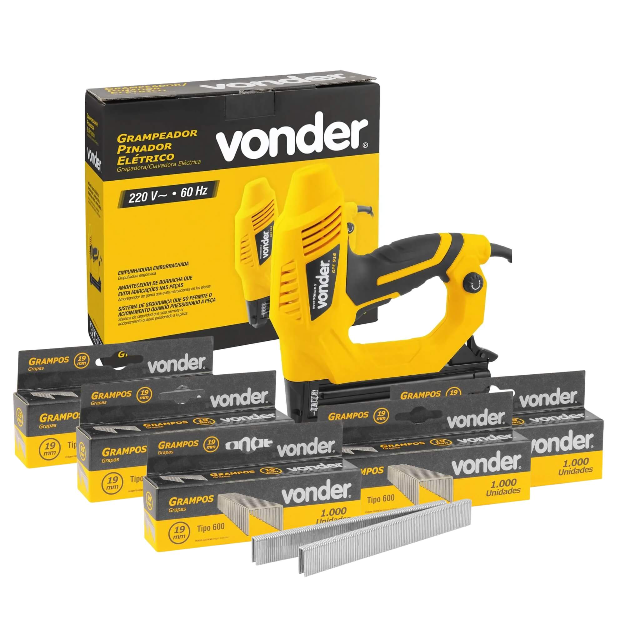 COMP Kit Grampeador / Pinador Elétrico GPE916 220v + 5 Caixas c/ 1000 Grampos 19mm Vonder