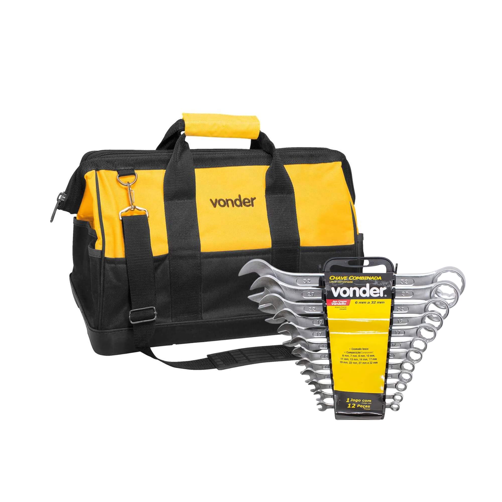 COMP Kit Bolsa p/ Ferramentas de Lona + Jogo de Chaves Combinadas 12 Peças 6mm a 32mm Vonder