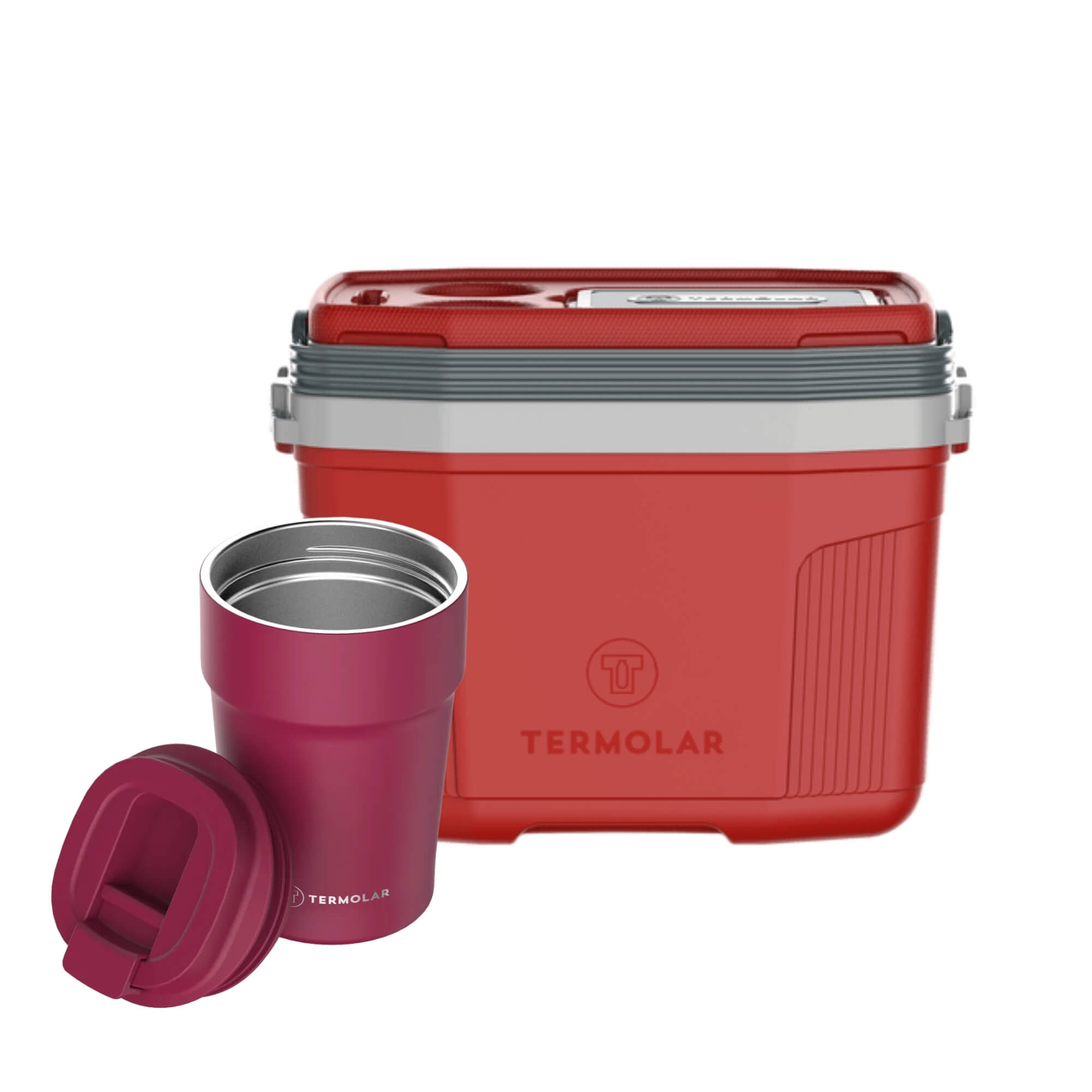 COMP Kit Copo Térmico Uniq Rosa Cyber 380ml + Caixa Térmica SUV 20L Vermelha Termolar