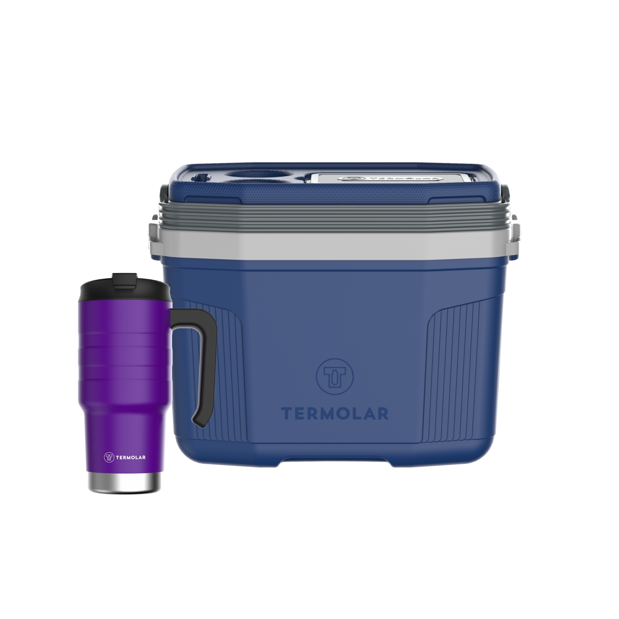 COMP Kit Copo Térmico Moove Roxo 590ml + Caixa Térmica SUV 20L Azul Termolar