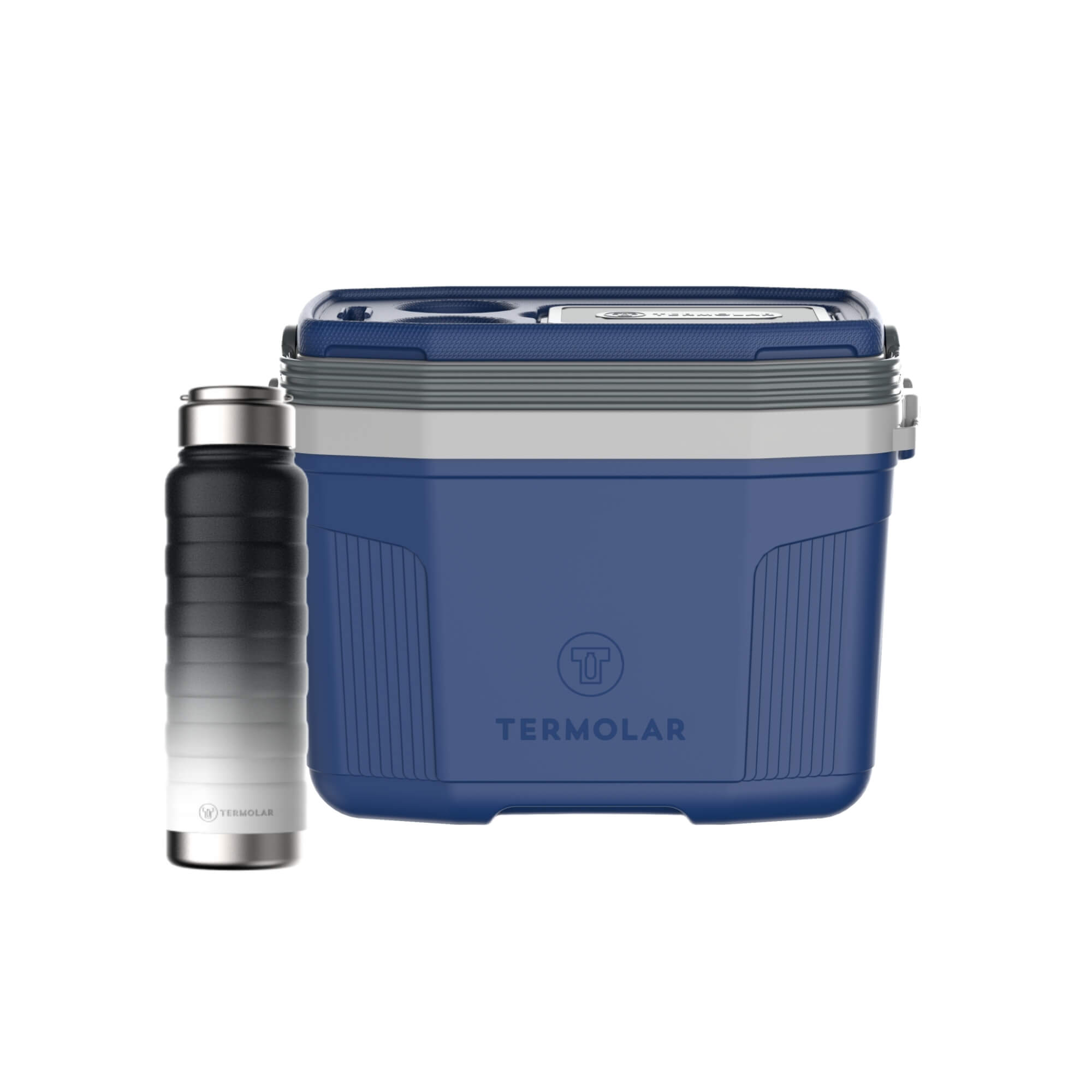 COMP Kit Garrafa Térmica Moove Cor Preto Degradê 710ml + Caixa Térmica SUV 20L Azul Termolar