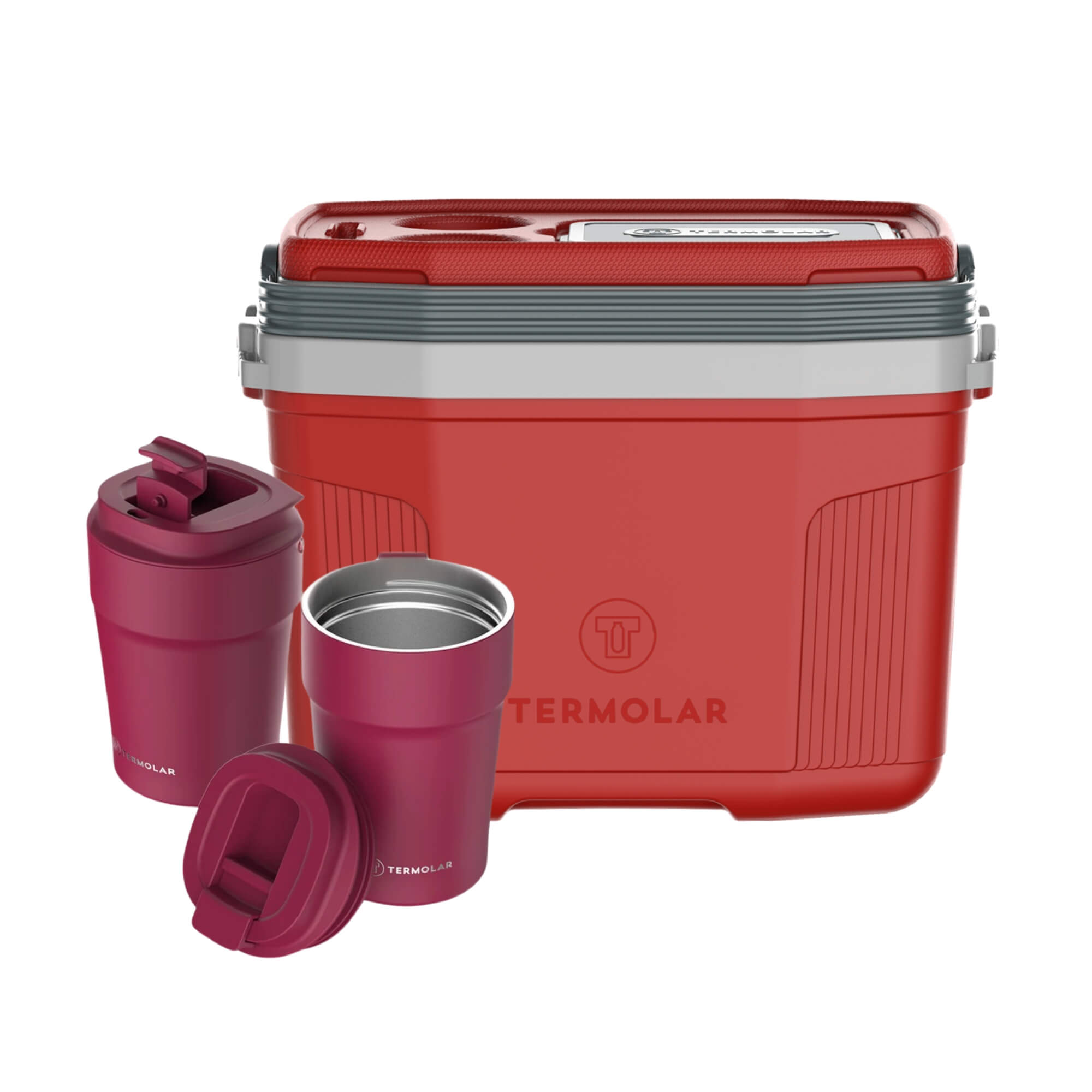 COMP Kit 2 Copos Térmicos Uniq Rosa Cyber 380mL + 1 Caixa Térmica SUV 20L Vermelha Termolar