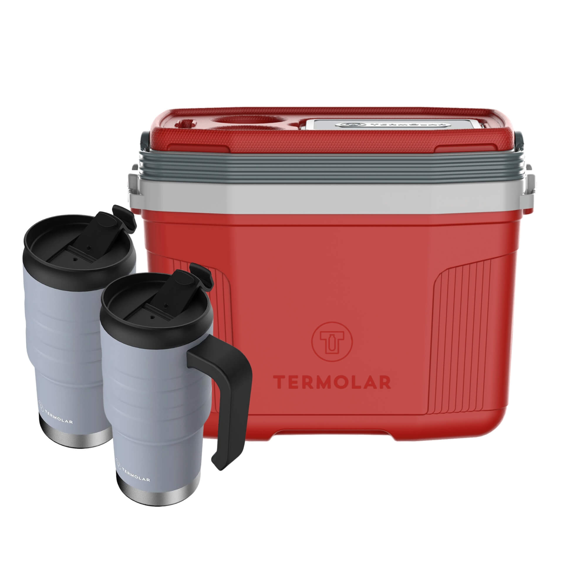 COMP Kit 2 Copos Térmicos Moove Cinza 590ml + 1 Caixa Térmica SUV 20L Vermelha Termolar