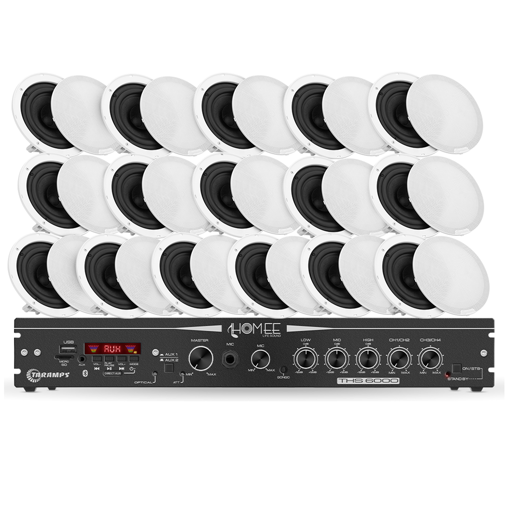 COMP Kit Amplificador Taramps THS 6000 + 16 Arandelas  6" 40 Watts RMS 8 Ohms Residenciais e comercios