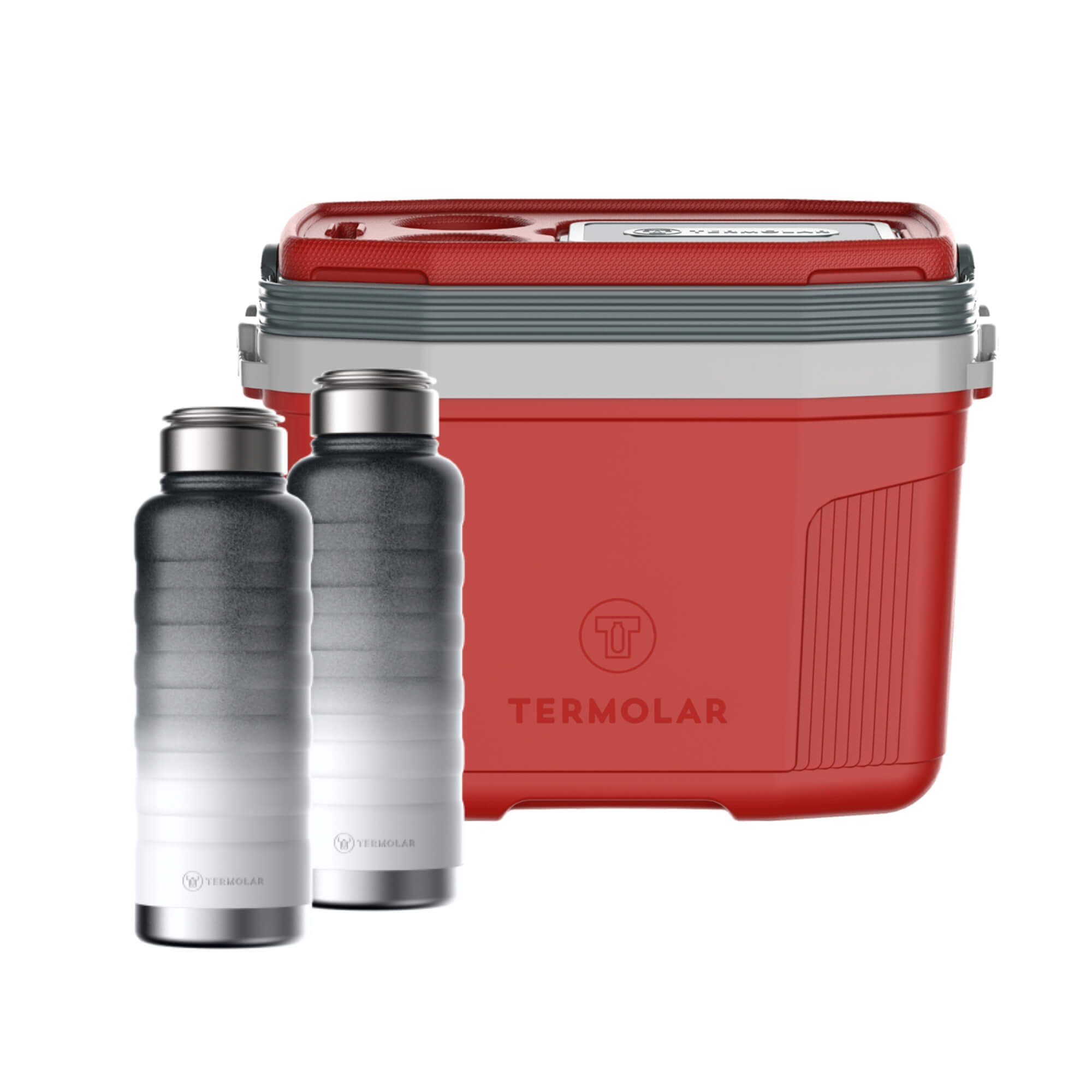 COMP Kit 2 Garrafas Térmicas Moove Preto Degradê 940ml + 1 Caixa Térmica SUV 20L Vermelha Termolar