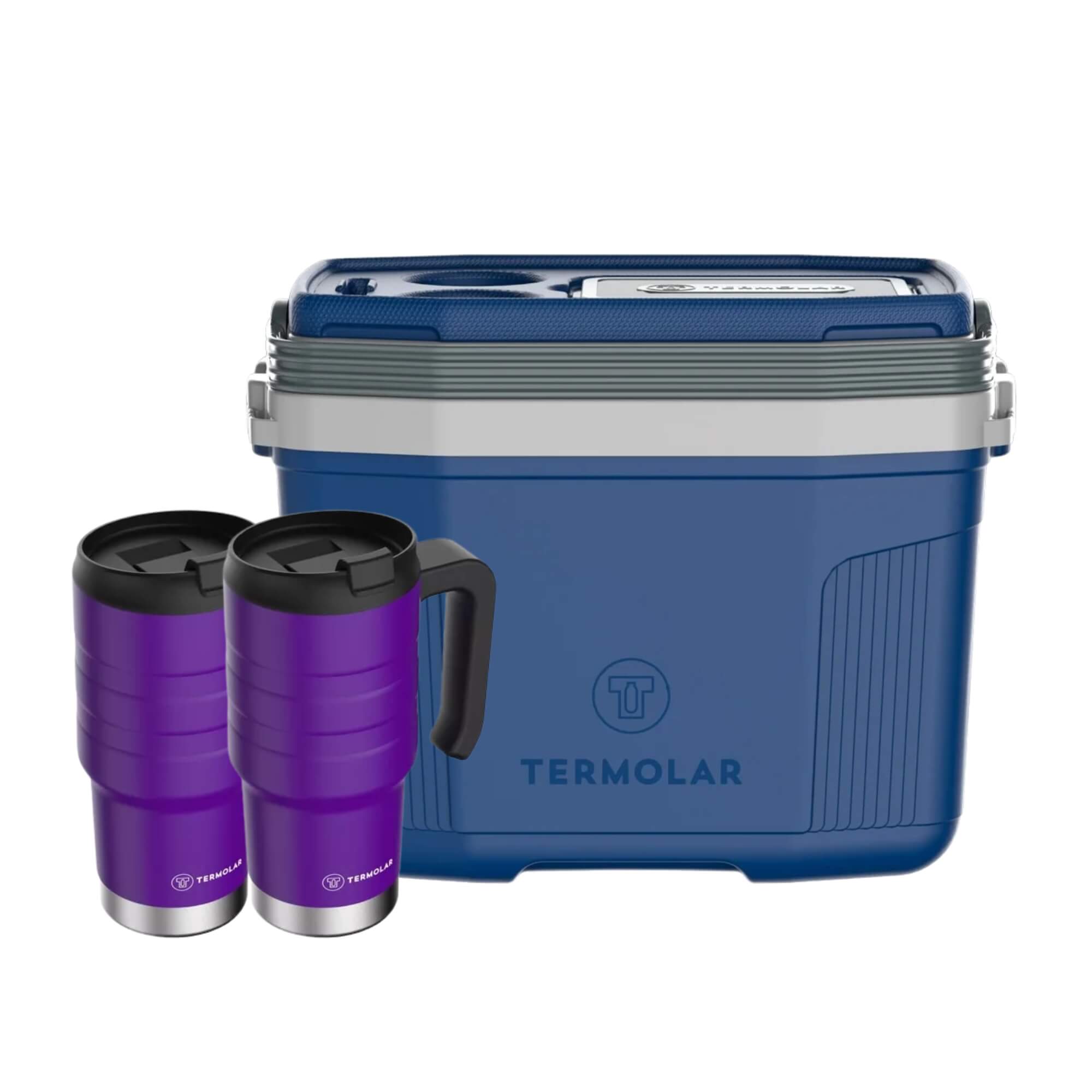 COMP Kit 2 Copos Térmicos Moove Roxo 590ml + Caixa Térmica SUV 20L Azul Termolar