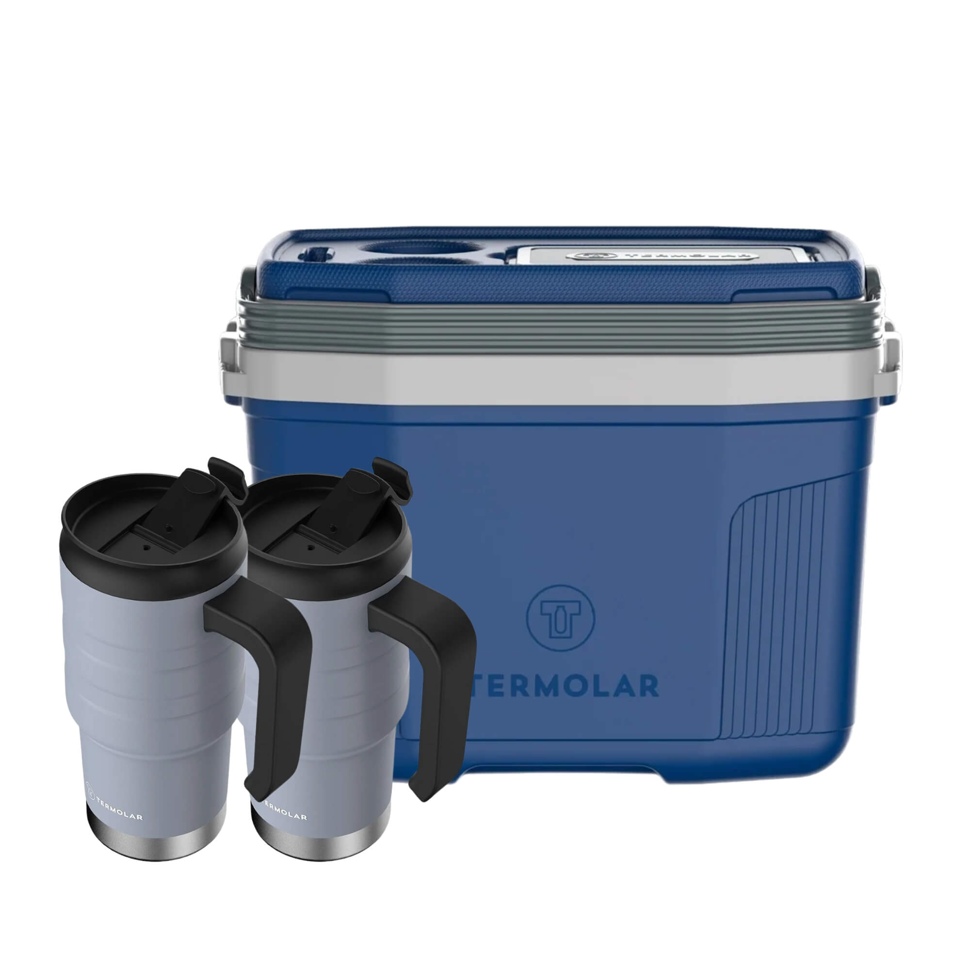 COMP Kit 2 Copos Térmicos Moove Cinza 590ml + 1 Caixa Térmica SUV 20L Azul Termolar