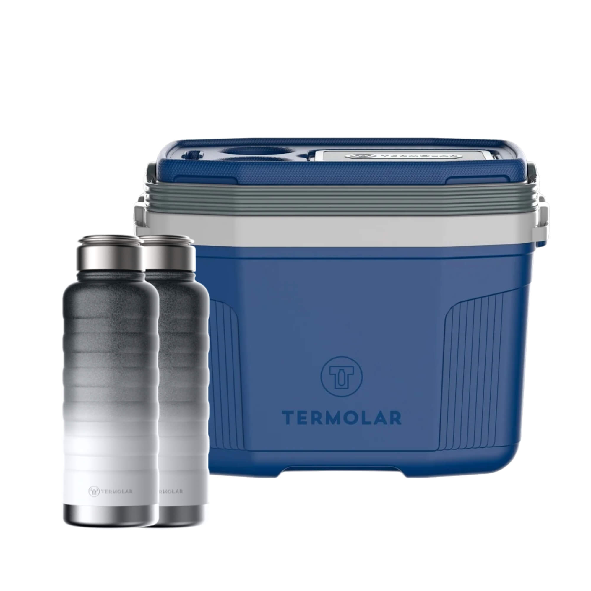 COMP Kit 2 Garrafas Térmicas Moove Cor Preto Degradê 710ml + Caixa Térmica SUV 20L Azul Termolar