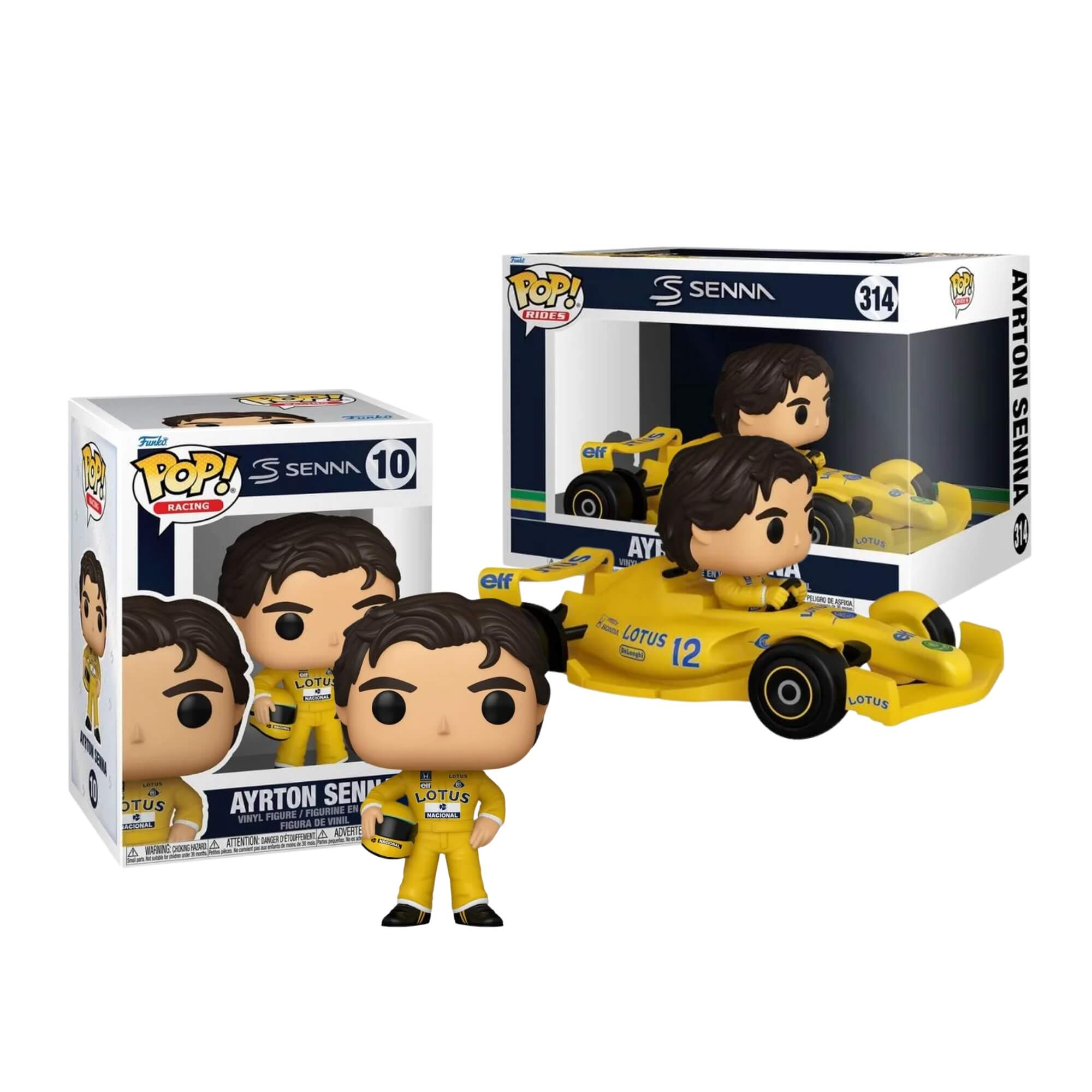 COMP Kit Boneco Funko Pop! Racing Lotus Ayrton Senna 10 + Rides Deluxe Lotus Ayrton Senna 314 Candide