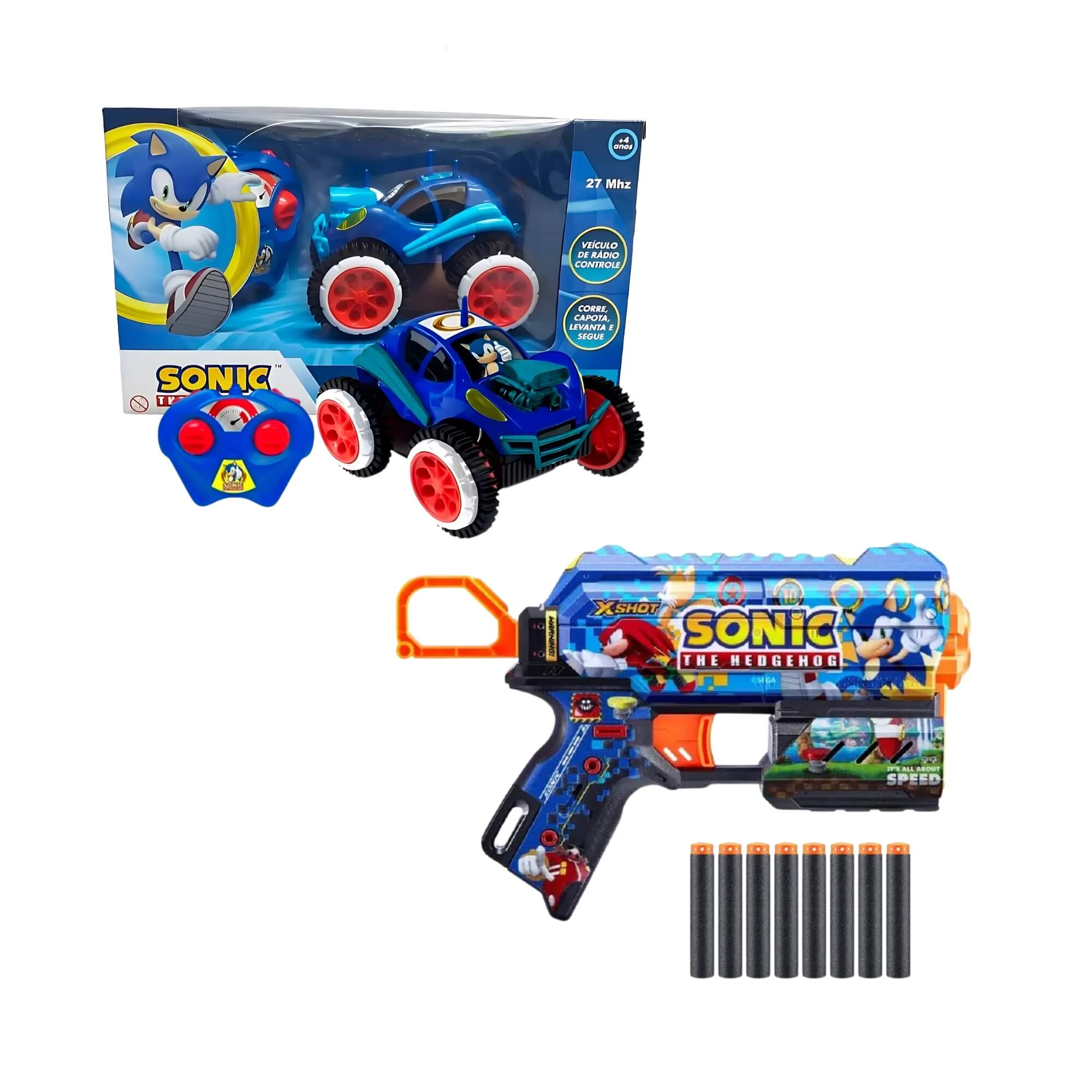COMP Kit Lançador de Dardos X Shot Sonic Skins Cores Sortidas + Carrinho Sonic Tumbling Rush Candide