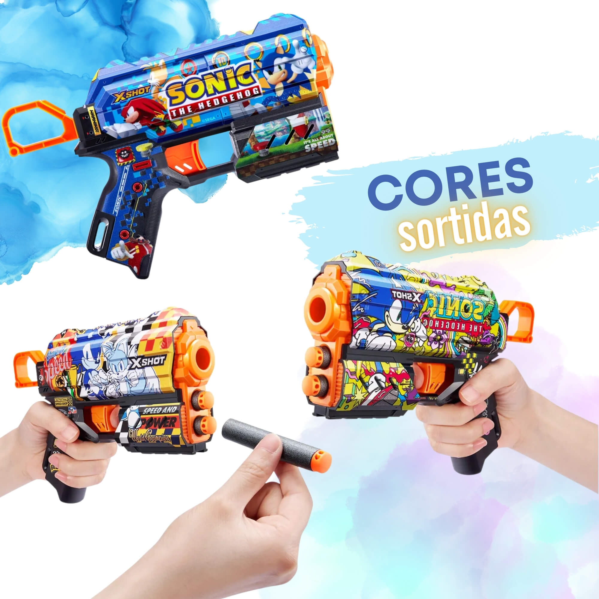 COMP Kit Lançador de Dardos X Shot Sonic Skins Cores Sortidas + Carrinho Sonic Tumbling Rush Candide