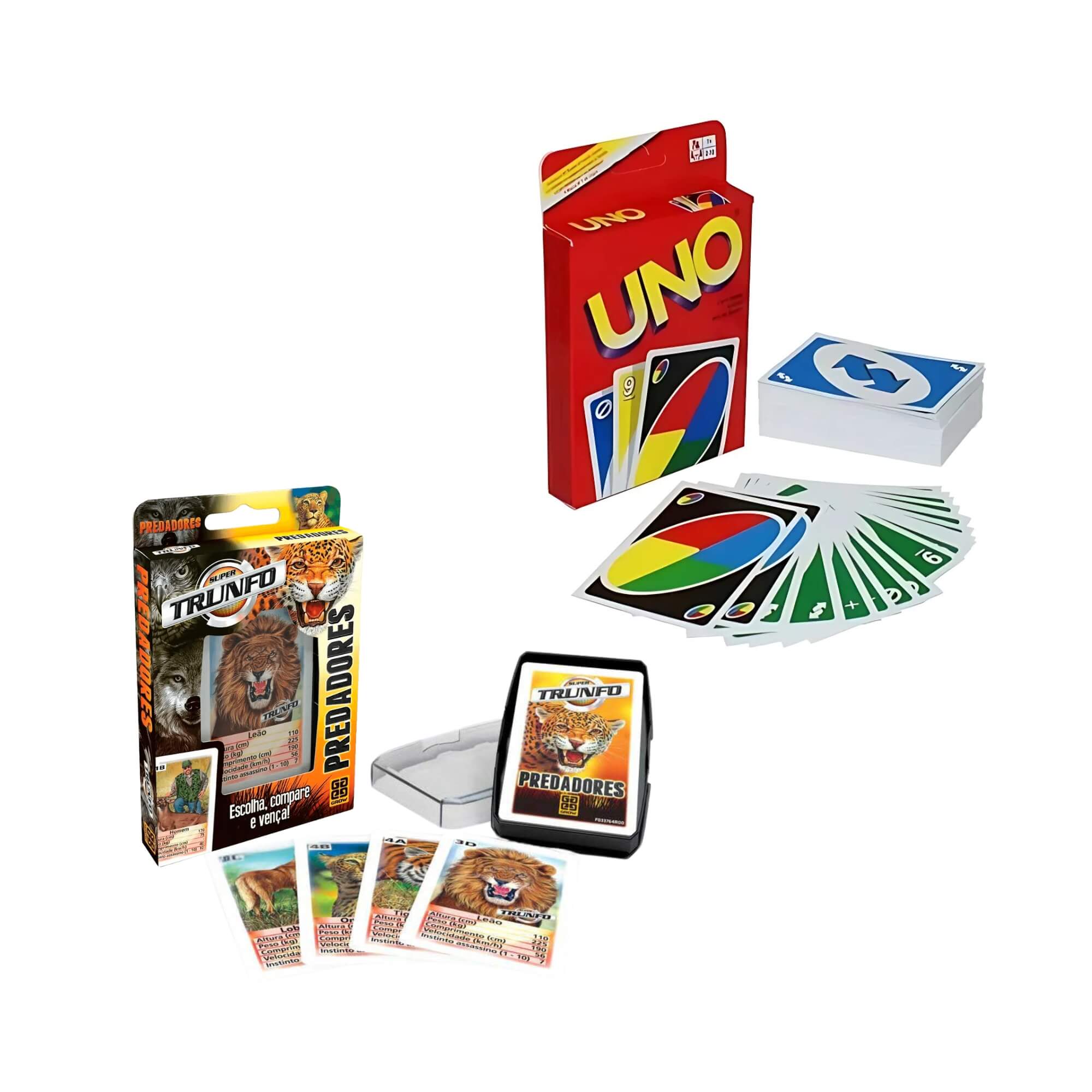COMP Kit Jogo de Cartas Infantil Uno Clássico Original Mattel + Super Trunfo Predadores Grow