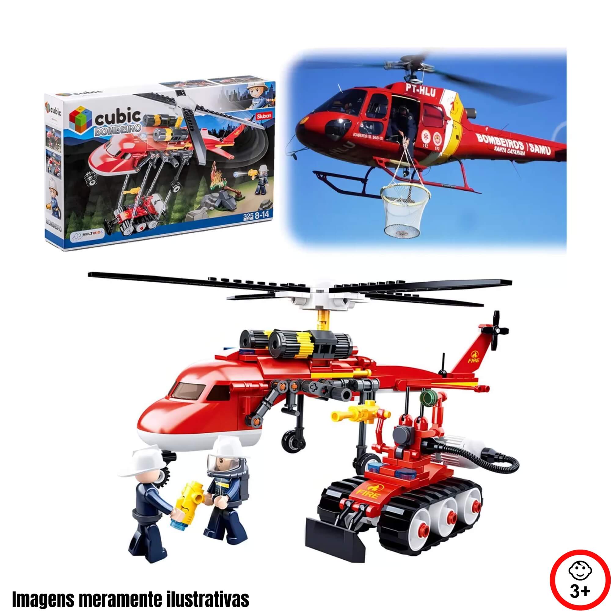 Brinquedo Infantil Cubic Helicóptero Bombeiros Combate ao Incêndio 325 Peças Multikids - BR2307