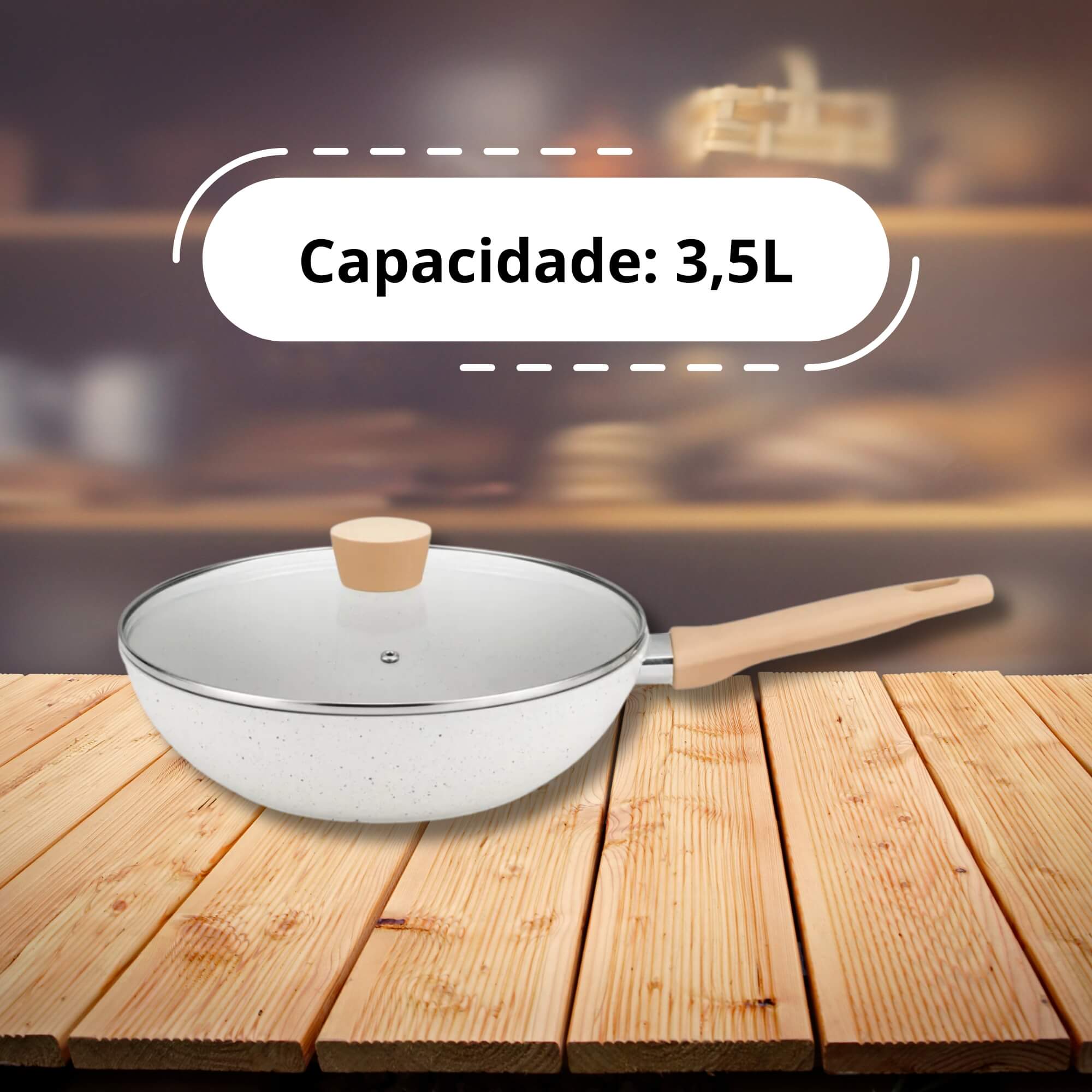 Panela Wok com Tampa 28cm Linha Carmela Vanilla 3,5L Ceramic Flon cor Creme MTA - 8405
