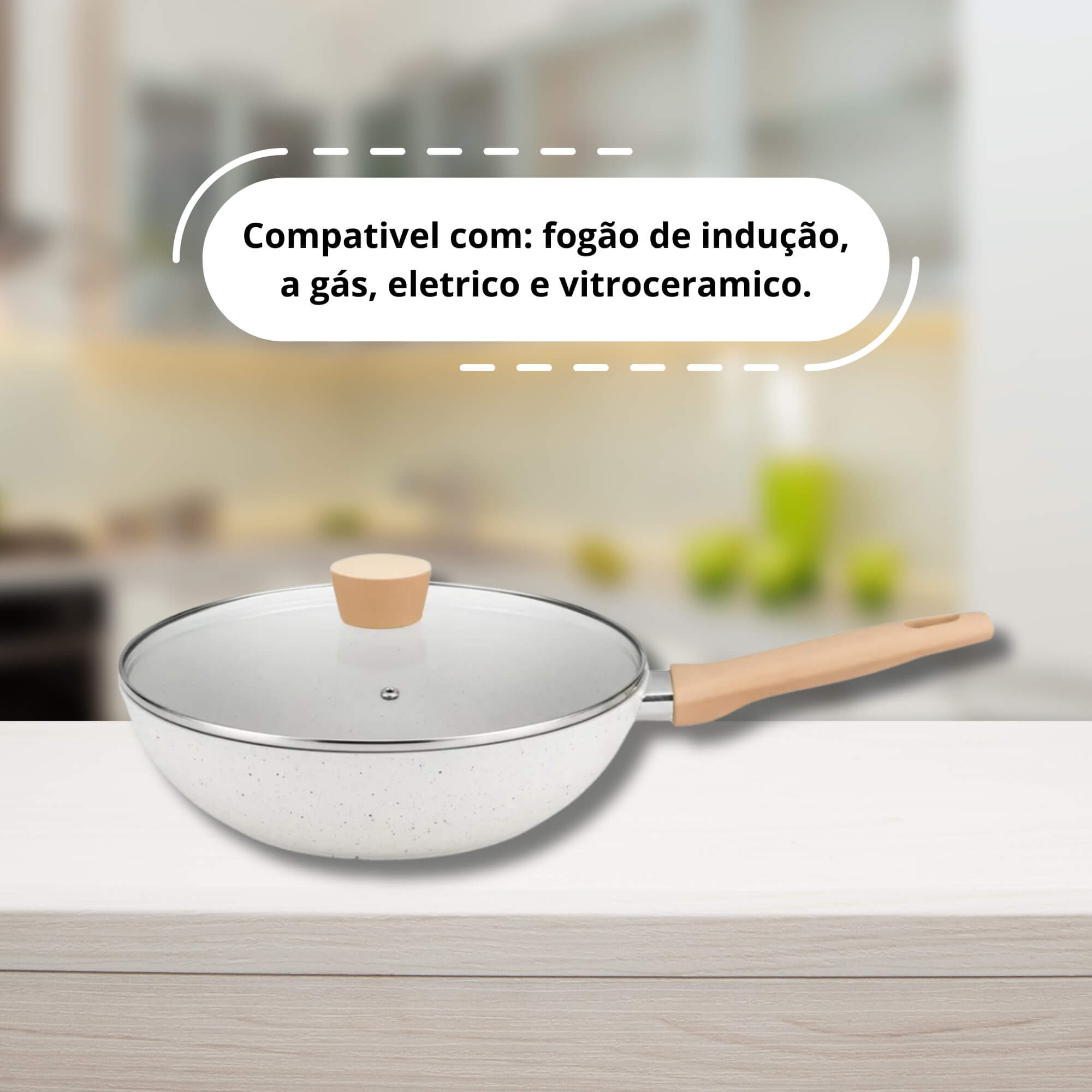 Panela Wok com Tampa 28cm Linha Carmela Vanilla 3,5L Ceramic Flon cor Creme MTA - 8405