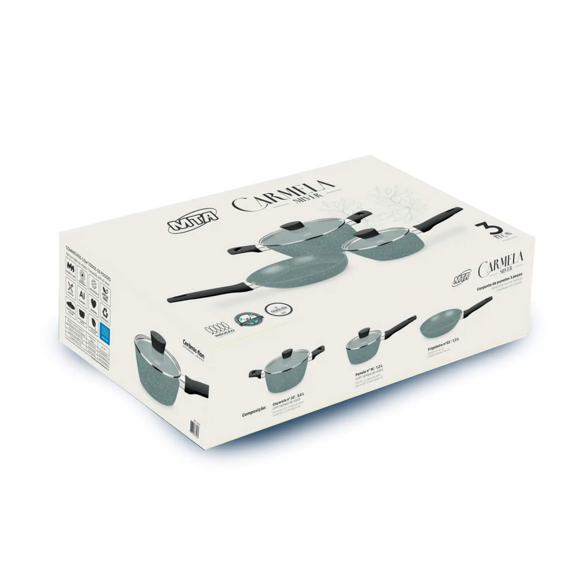 Jogo de Panelas 3 Peças Linha Carmela Ceramic - Flon na cor Cinza MTA - 8426