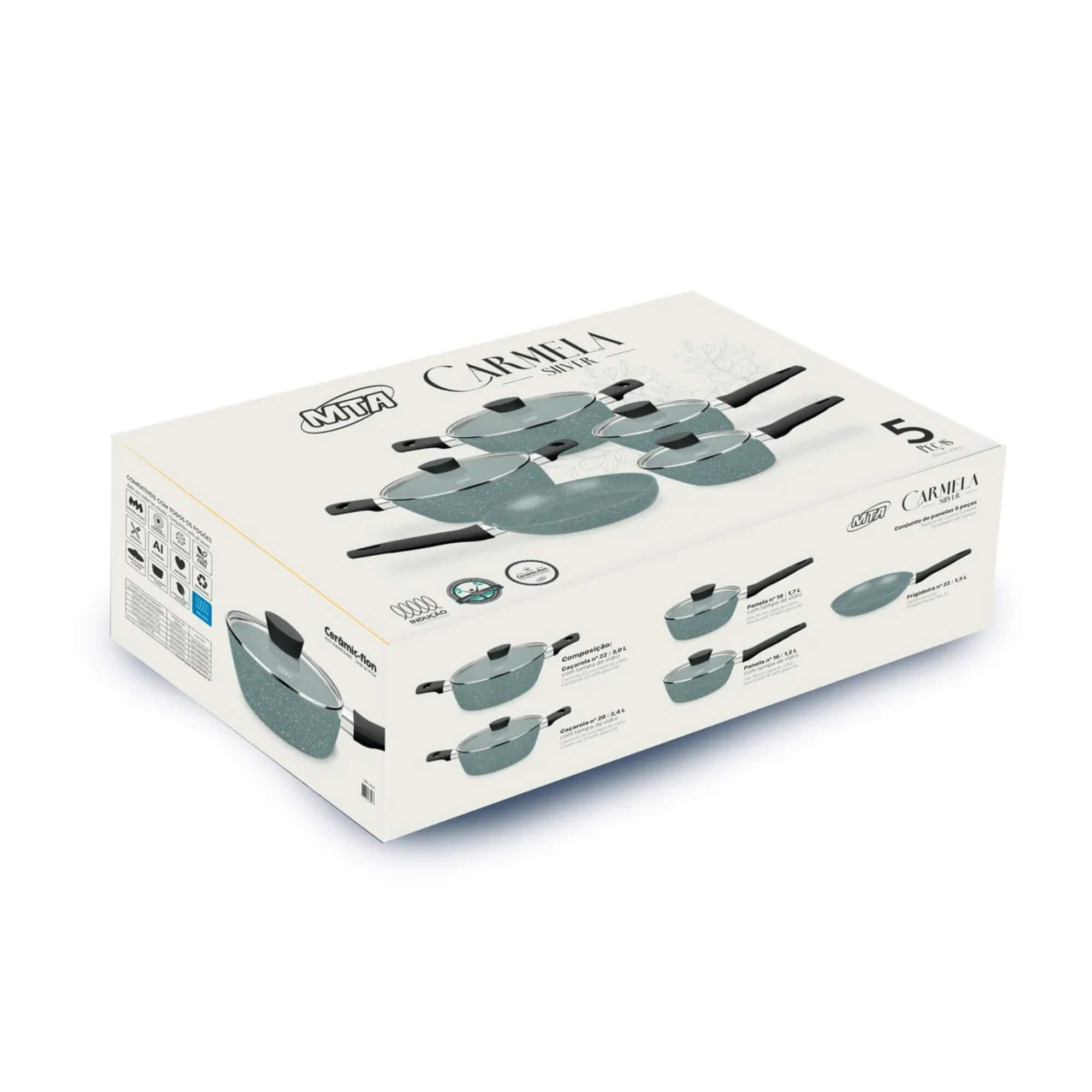 Jogo de Panelas 5 Peças Linha Carmela Ceramic-Flon cor Cinza MTA - 8427