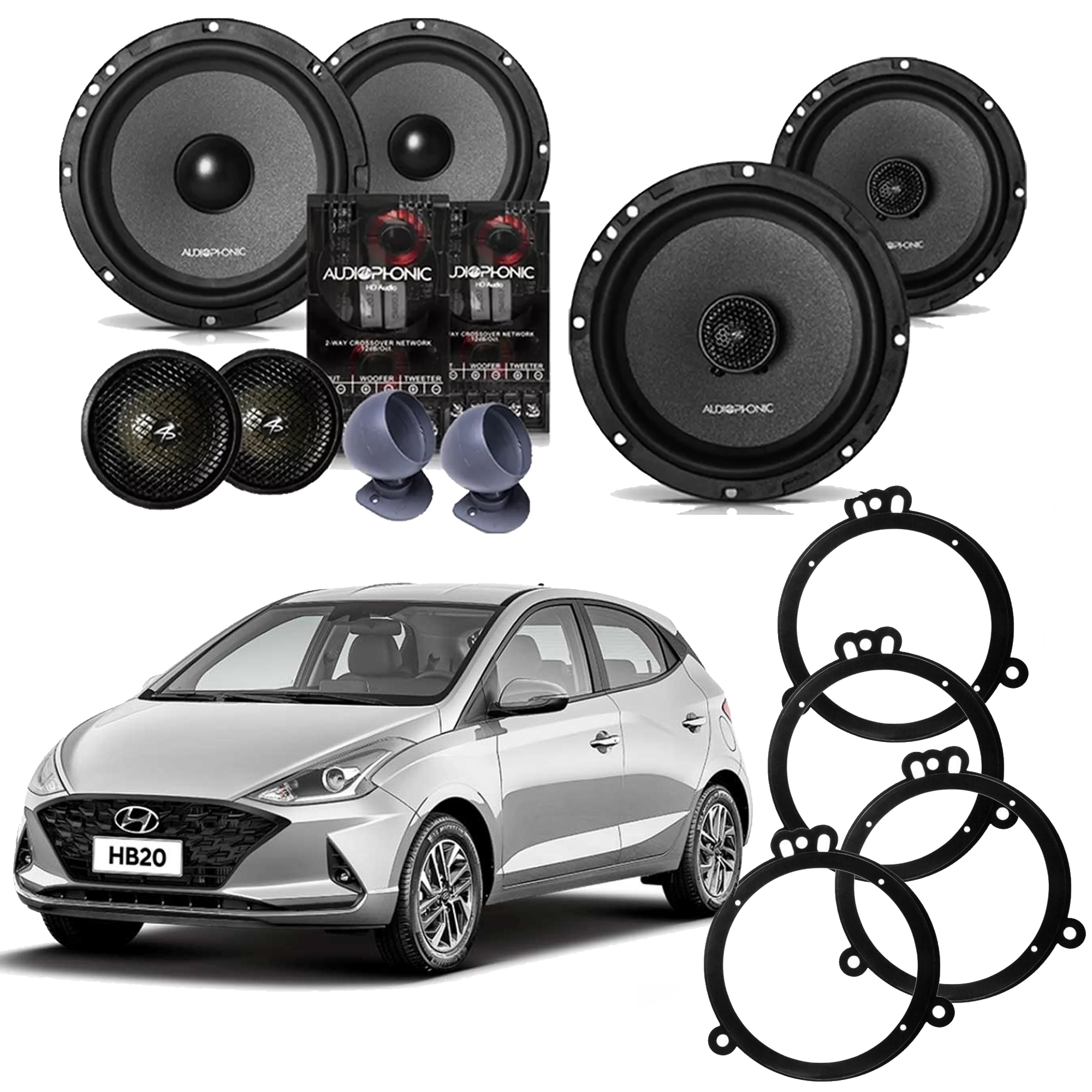 COMP Kit Som HB20 4 Alto Falante 6,5" Audiophonic KC 6.3 + CB 650 Alta Qualidade + Aro Adaptador