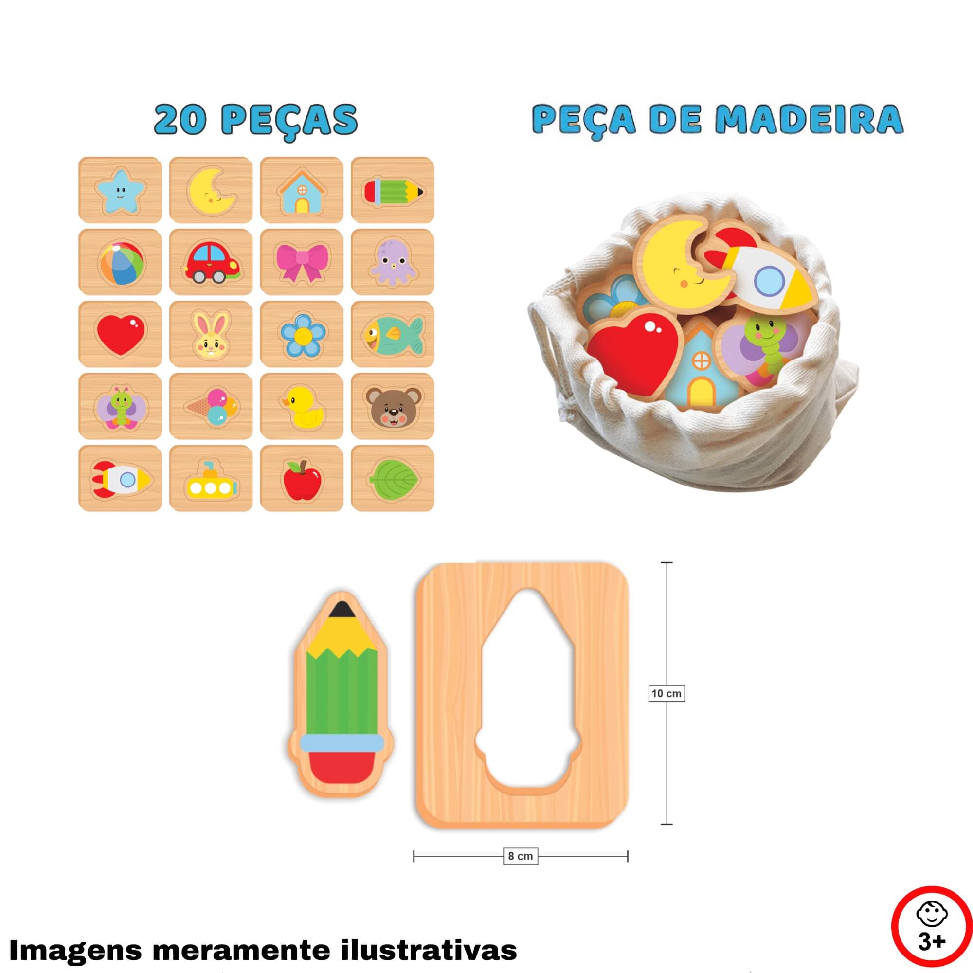 VAR Jogo Infantil Educativo Montessori Unitário Peças em MDF Nig