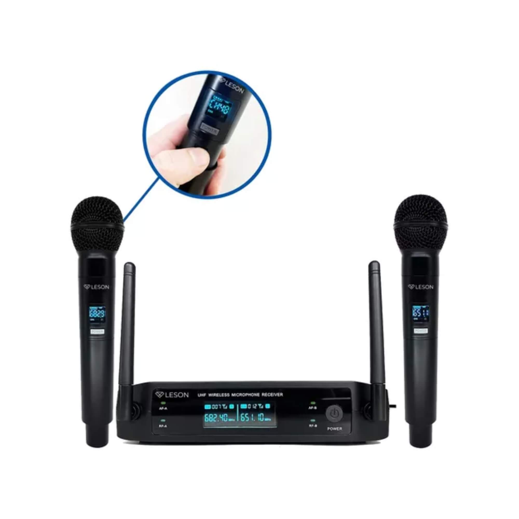 Microfone Duplo sem Fio LS962 Preto 96 Canais Profissional Leson - 2AMLS962P