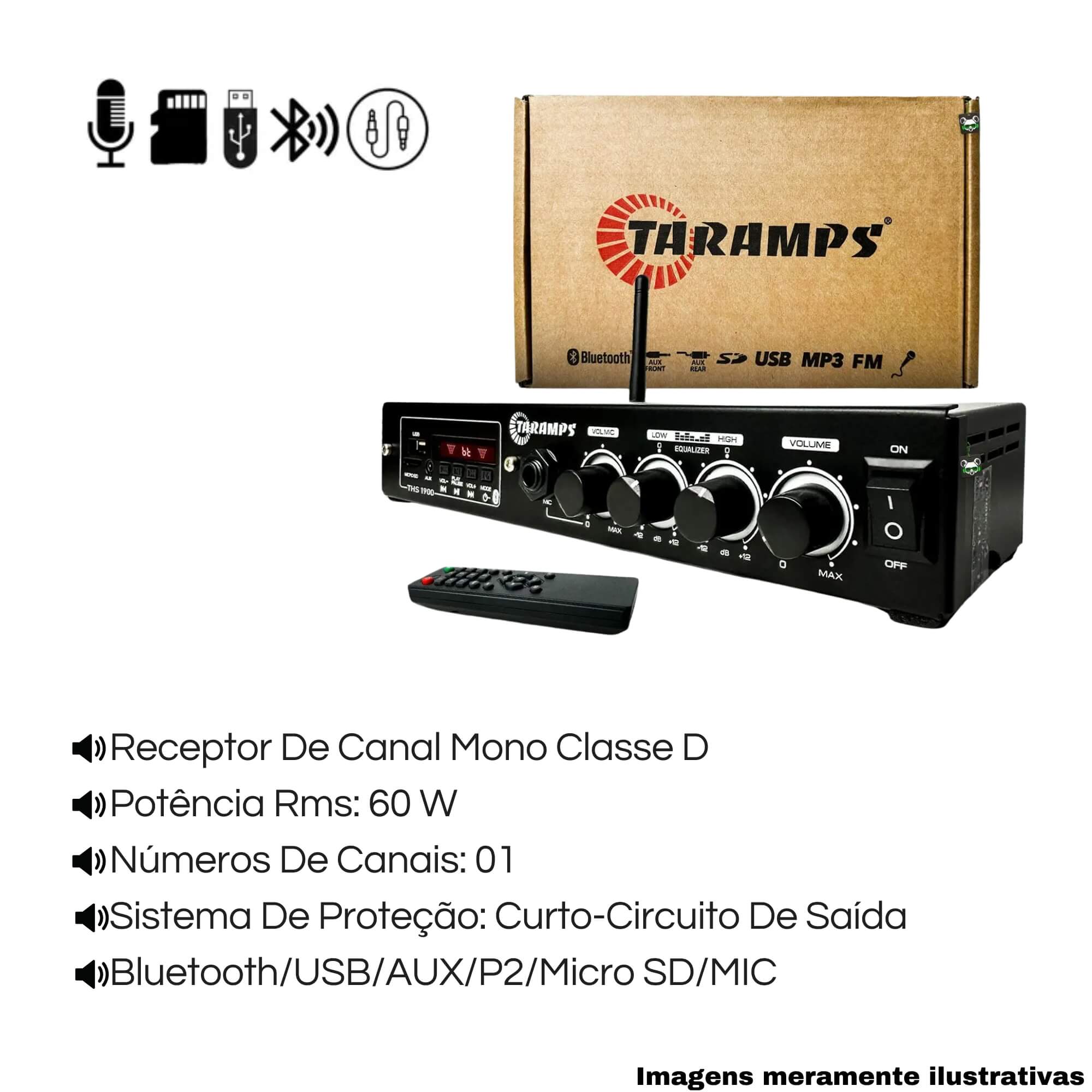 COMP Kit Amplificador THS 1900 Receiver + 2 Pares de Arandela 6" 40 Watts RMS Branca Taramps