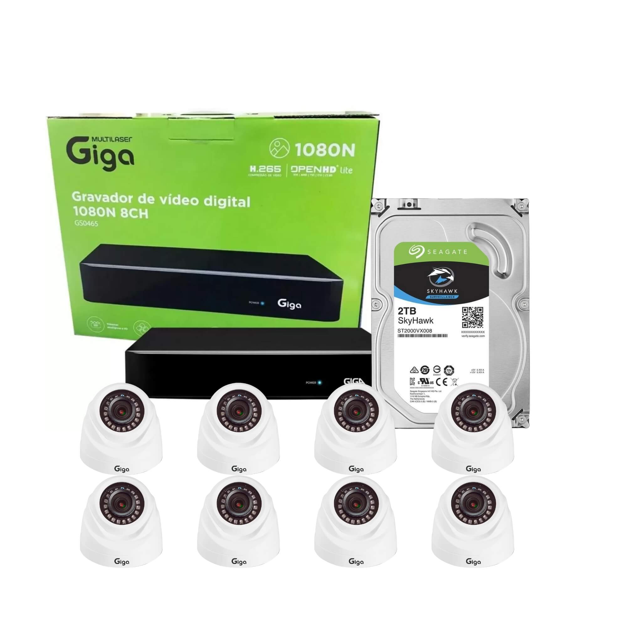 COMP Kit DVR 1080N 8 Canais + HD Seagate Skyhawk 2TB 7200RPM 256MB + Câmera Dome 1080P Orion IR 20M