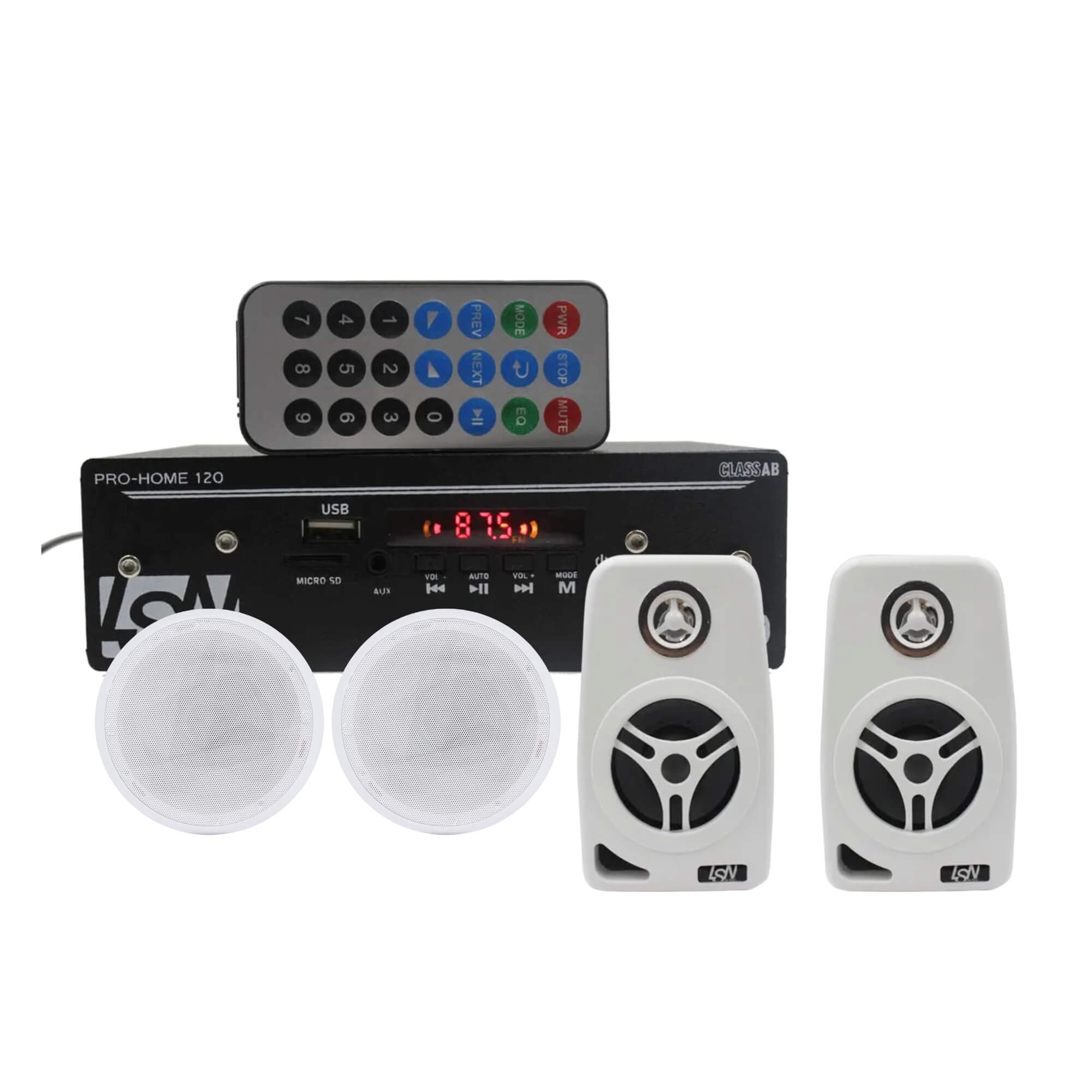 COMP Kit Amplificador Receiver 120W 4 Canais + Caixa 140W 8 Ohms + Arandelas Orion 110W RMS Leson