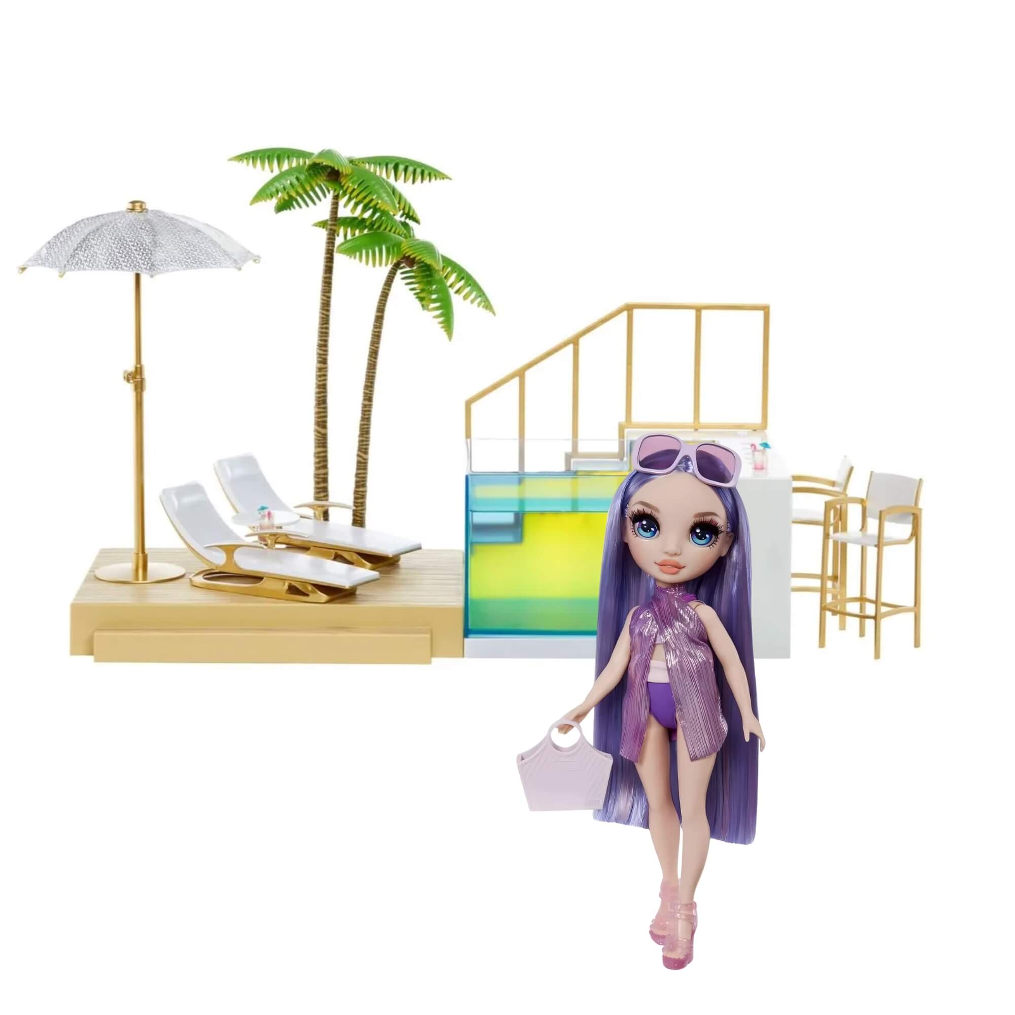 COMP Playset Piscina e Praia Rainbow High Pacific Coast + Boneca Swim e Style Violet 27cm (Roxo) MGA
