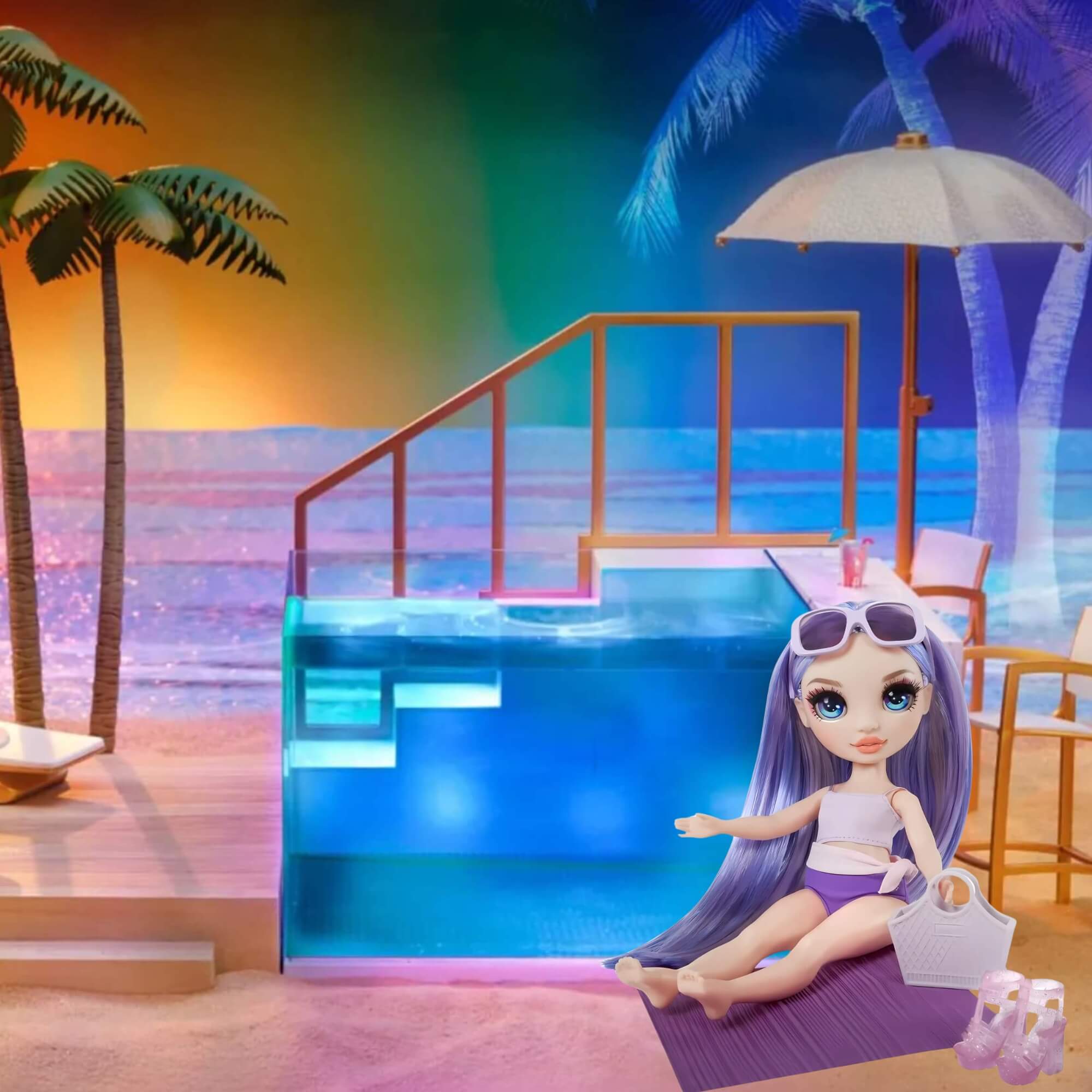 COMP Playset Piscina e Praia Rainbow High Pacific Coast + Boneca Swim e Style Violet 27cm (Roxo) MGA