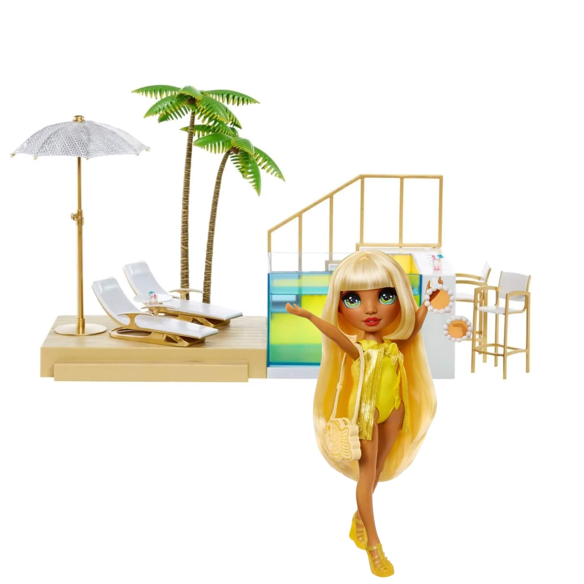 COMP Playset Piscina e Praia Rainbow High Pacific Coast + Boneca Swim e Style Sunny 27cm MGA