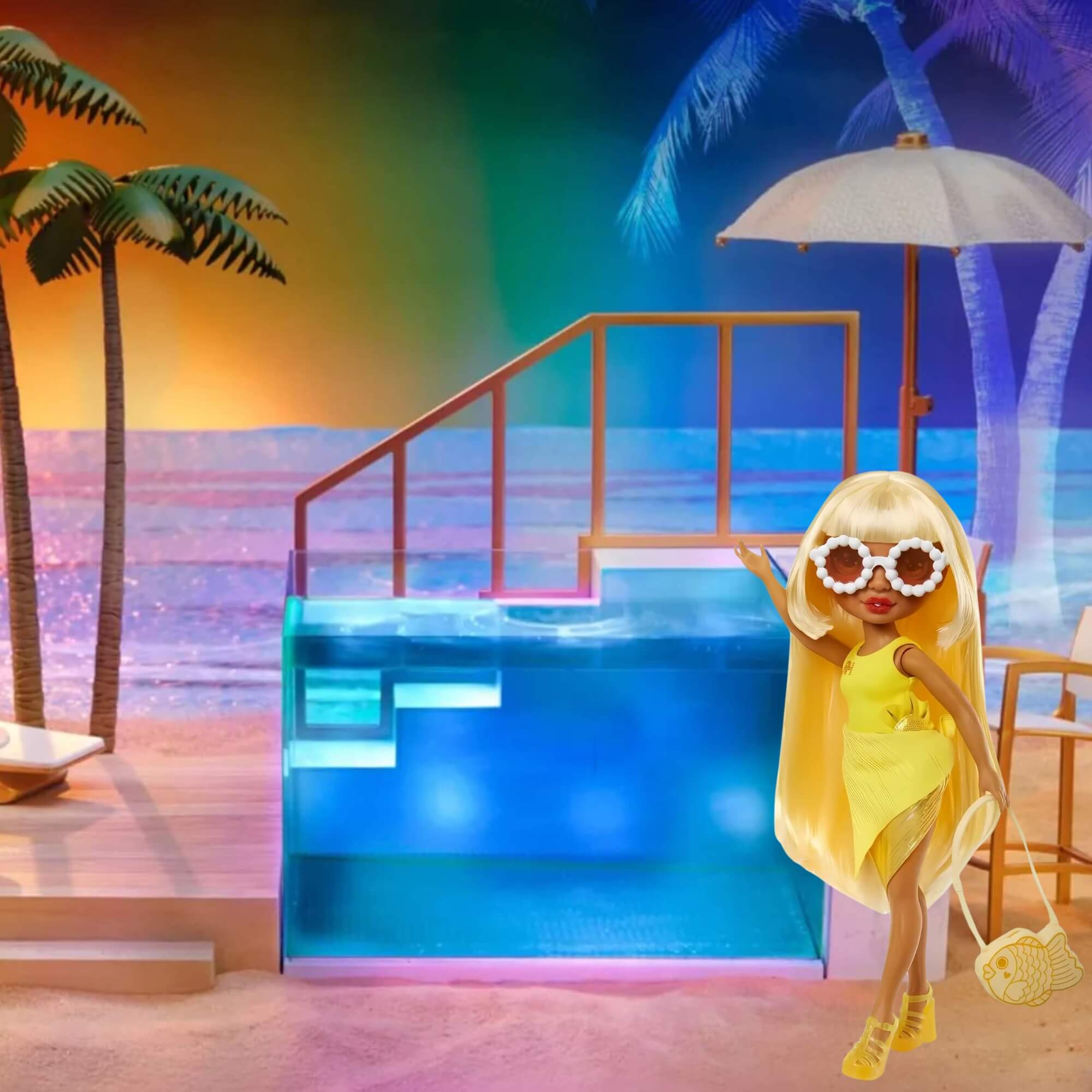 COMP Playset Piscina e Praia Rainbow High Pacific Coast + Boneca Swim e Style Sunny 27cm MGA