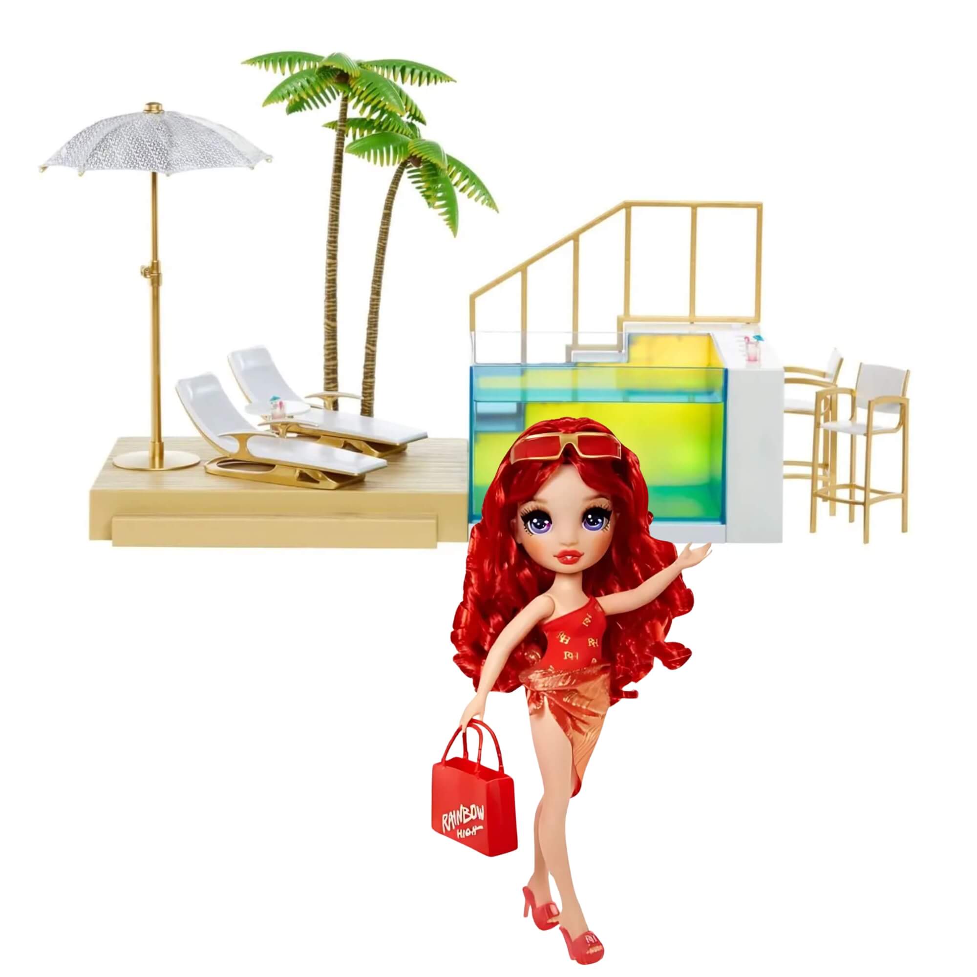 COMP Playset Piscina e Praia Rainbow High Pacific Coast + Boneca Swim e Style Ruby 27cm MGA