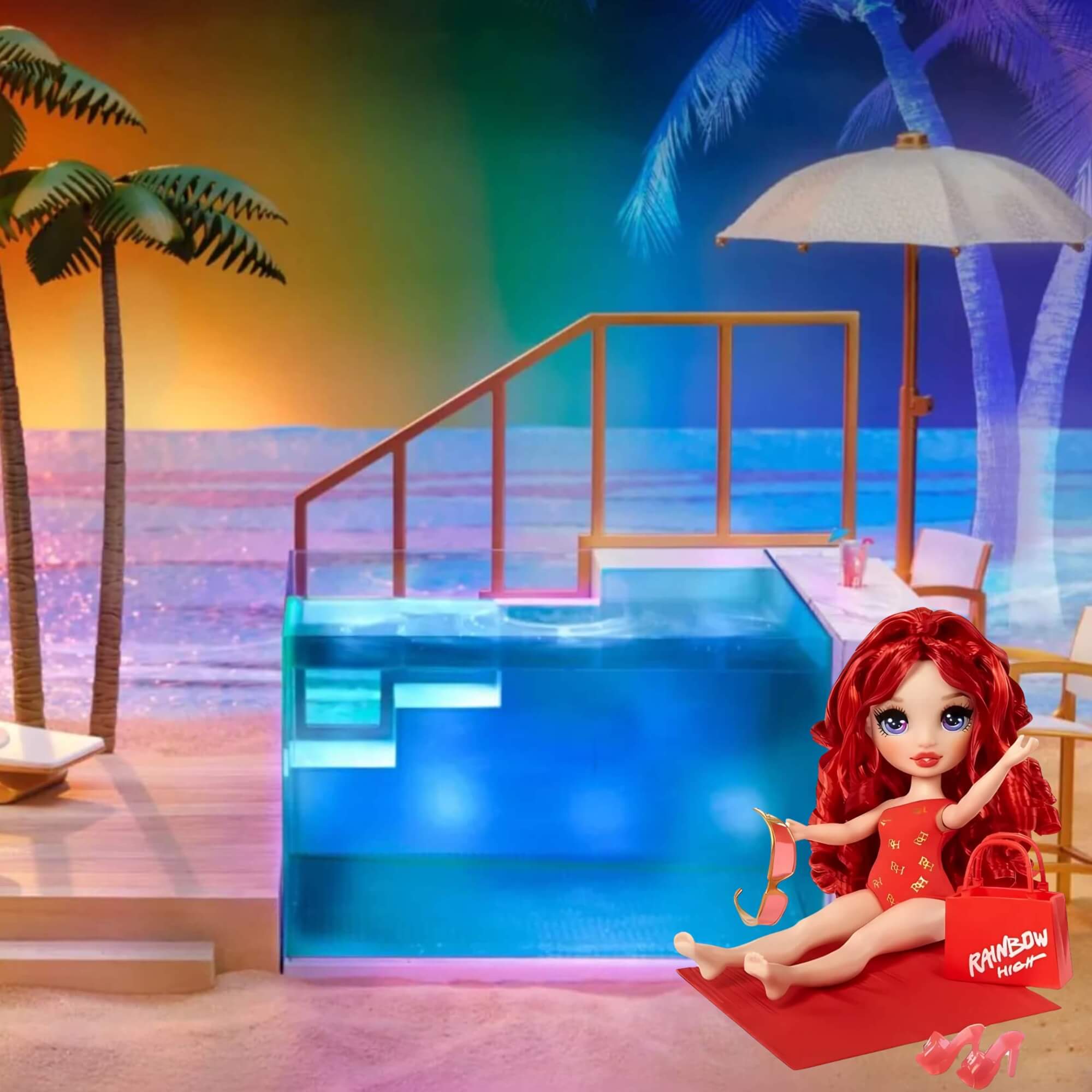 COMP Playset Piscina e Praia Rainbow High Pacific Coast + Boneca Swim e Style Ruby 27cm MGA